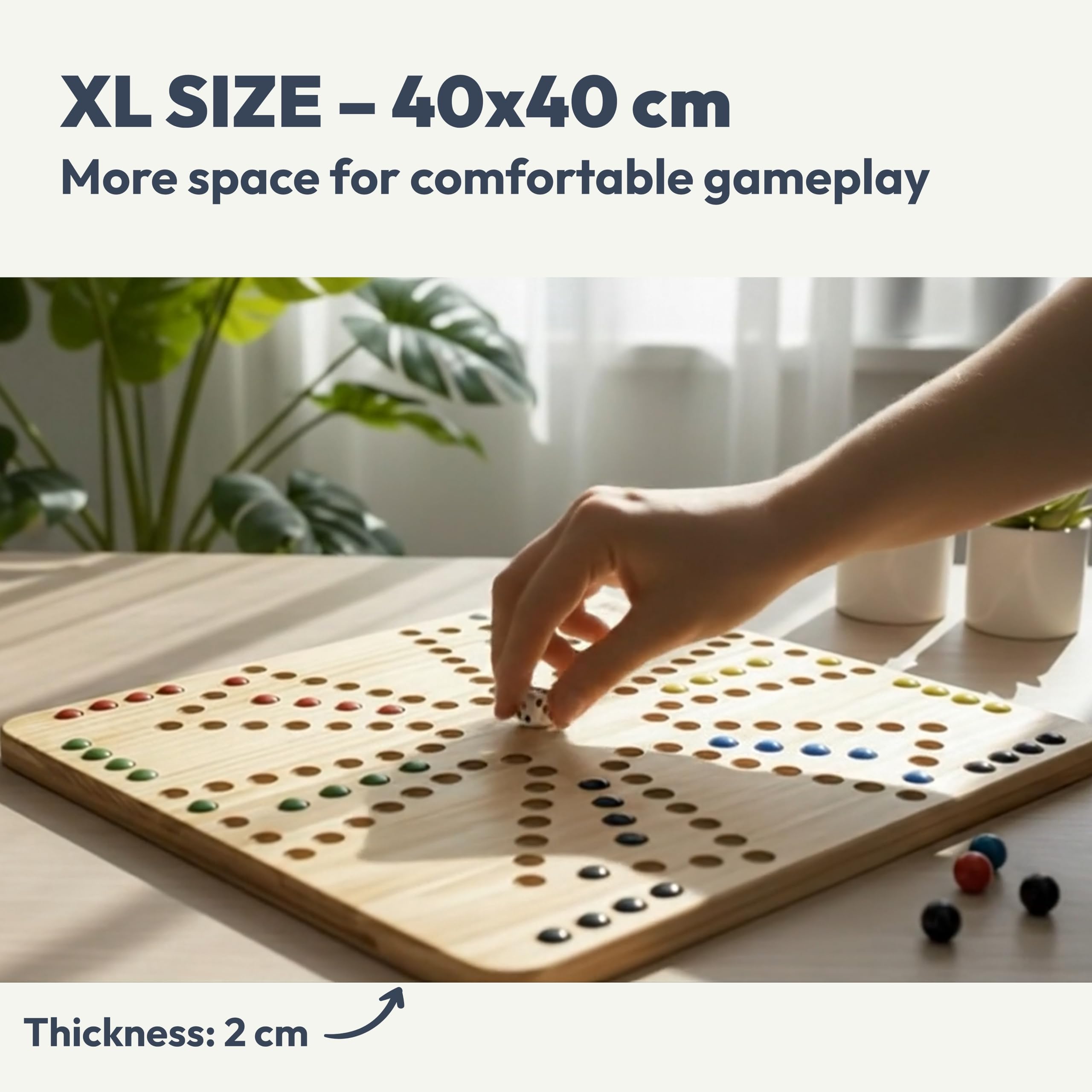 Ludibel XL Wooden Ludo Board Game 4-6 Players, Reversible 40x40cm Solid Pine Board, Compatible with Tock & Jackaroo - Image 3