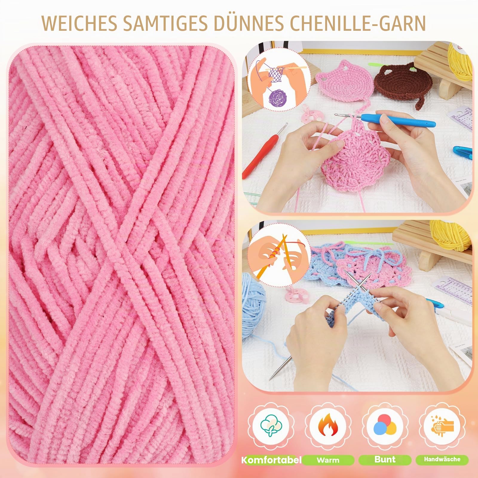 Aeelike Feines Chenille Garn zum Häkeln, 12×50g Chenille Yarn Set, Mützen