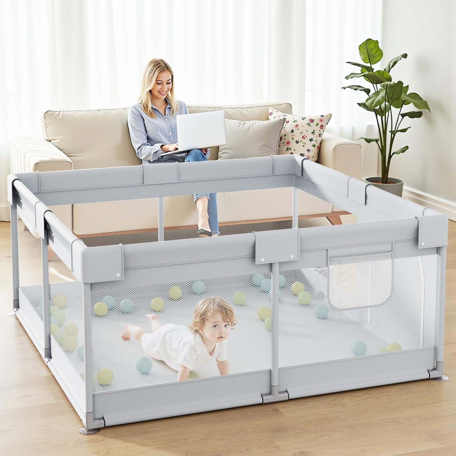 Petit Parc Bebe 120×120 cm - Parc Enfant Avec Ventouses, Stable Parc De Jeu BéBé Maille Respirante pour Appartement