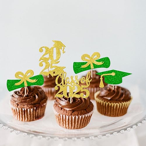 Miniatura 250 de Paquete de 24 adornos dorados para cupcakes de graduación 2025 con purpurina So Proud of You Done Diploma Graduation Cap Cupcake Picks Class of 2025