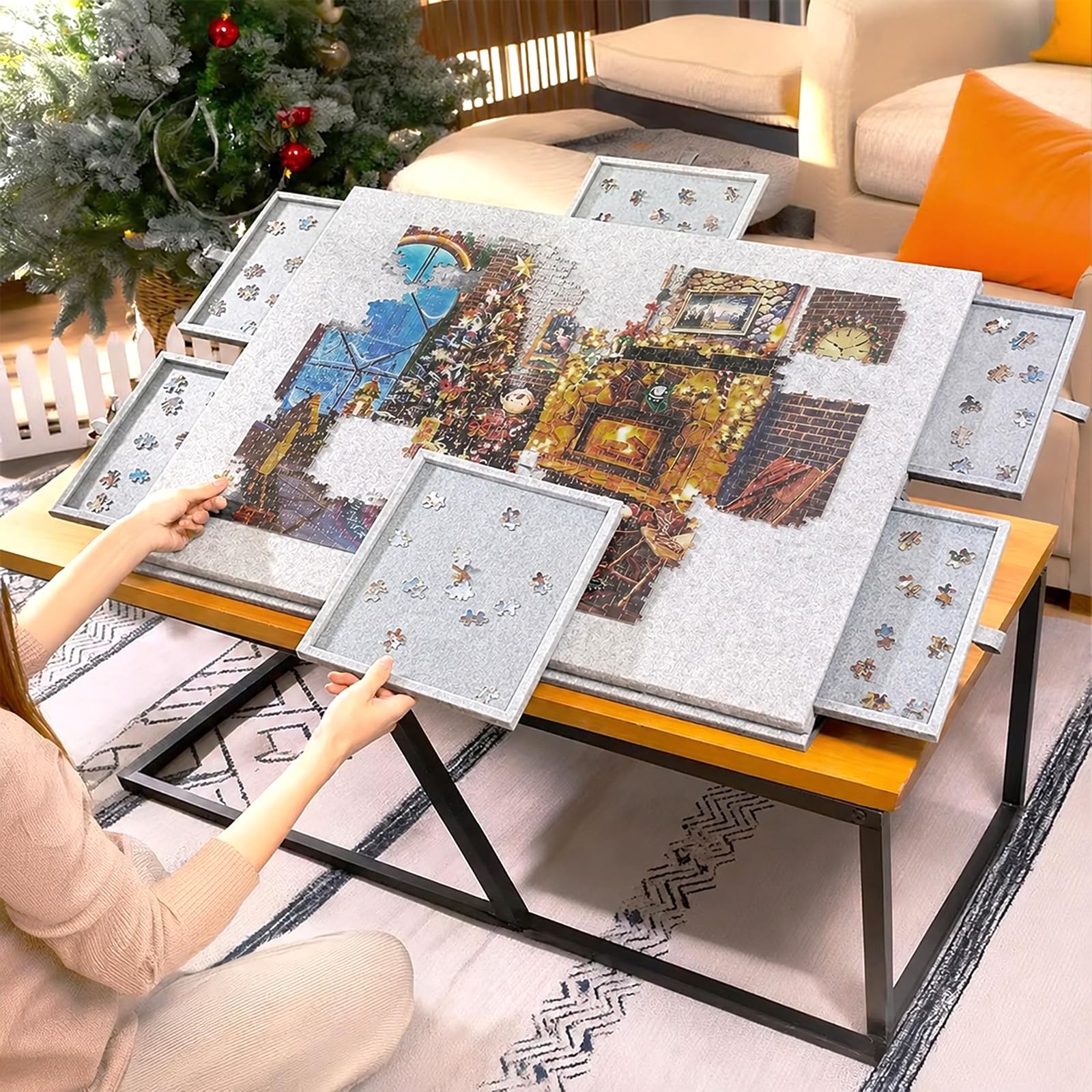Tragbares Puzzlebrett mit 6 Farbigen Sortierfächern, 2-in-1 Puzzle Tisch & Abdeckung, Puzzle Board Puzzleunterlage für bis zu 1000 Teile – Puzzleboard klappbar & rutschfest (Silbergrau)