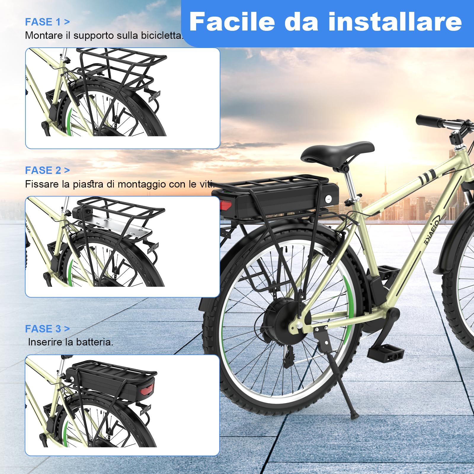 36V 15Ah Batteria Bici Elettrica con Portapacchi, Batterie per Biciclette Elettriche con BMS da 20A, caricabatterie rapido per ruote di conversione per e-bike Bafang e altre marche da 0 a 500W