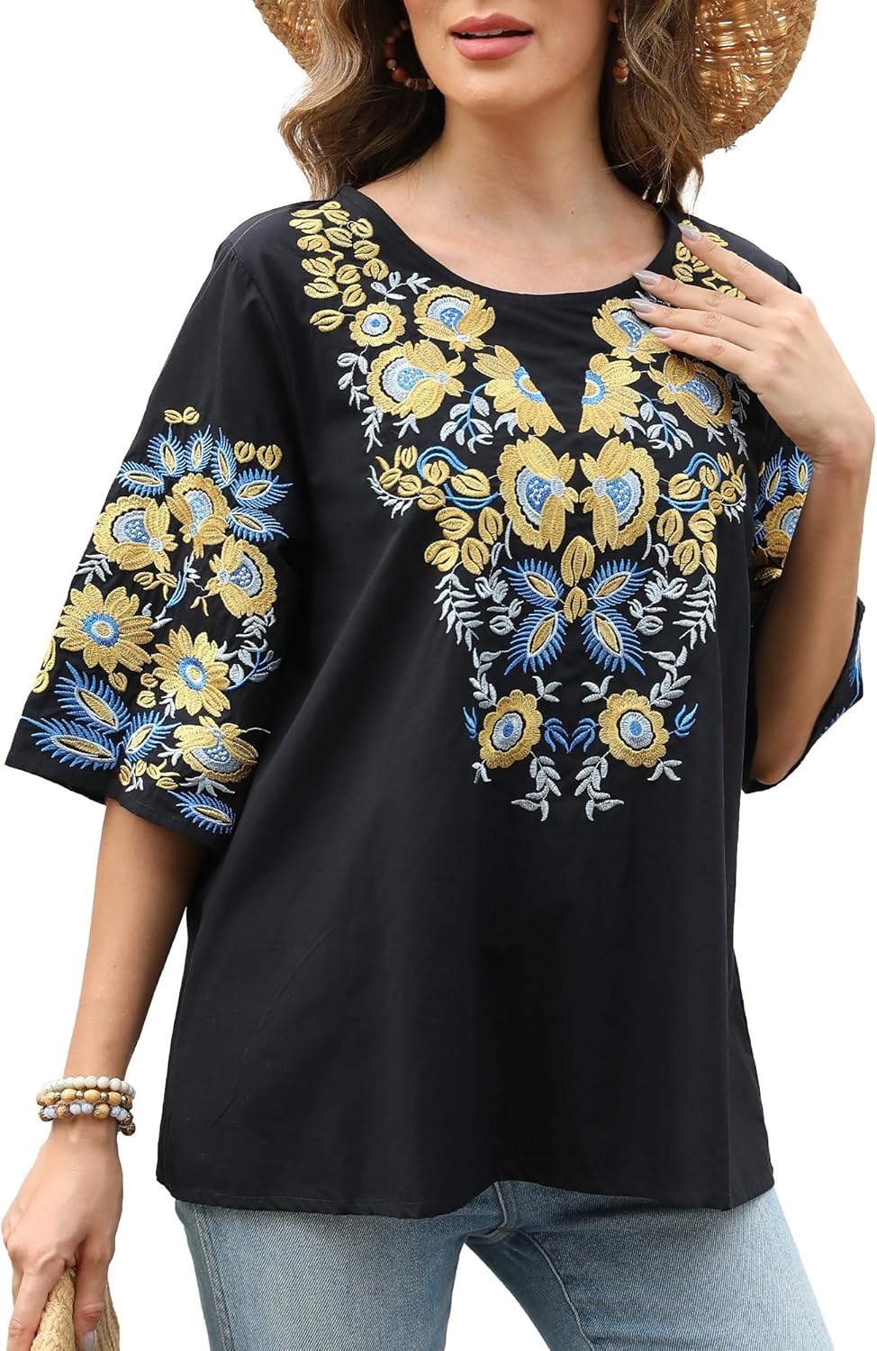 Higustar Summer Women's Embroidered Tops Mexican Boho Fiesta Blouses Bohemian Peasant Tunic Embroidery Shirts - Image 5