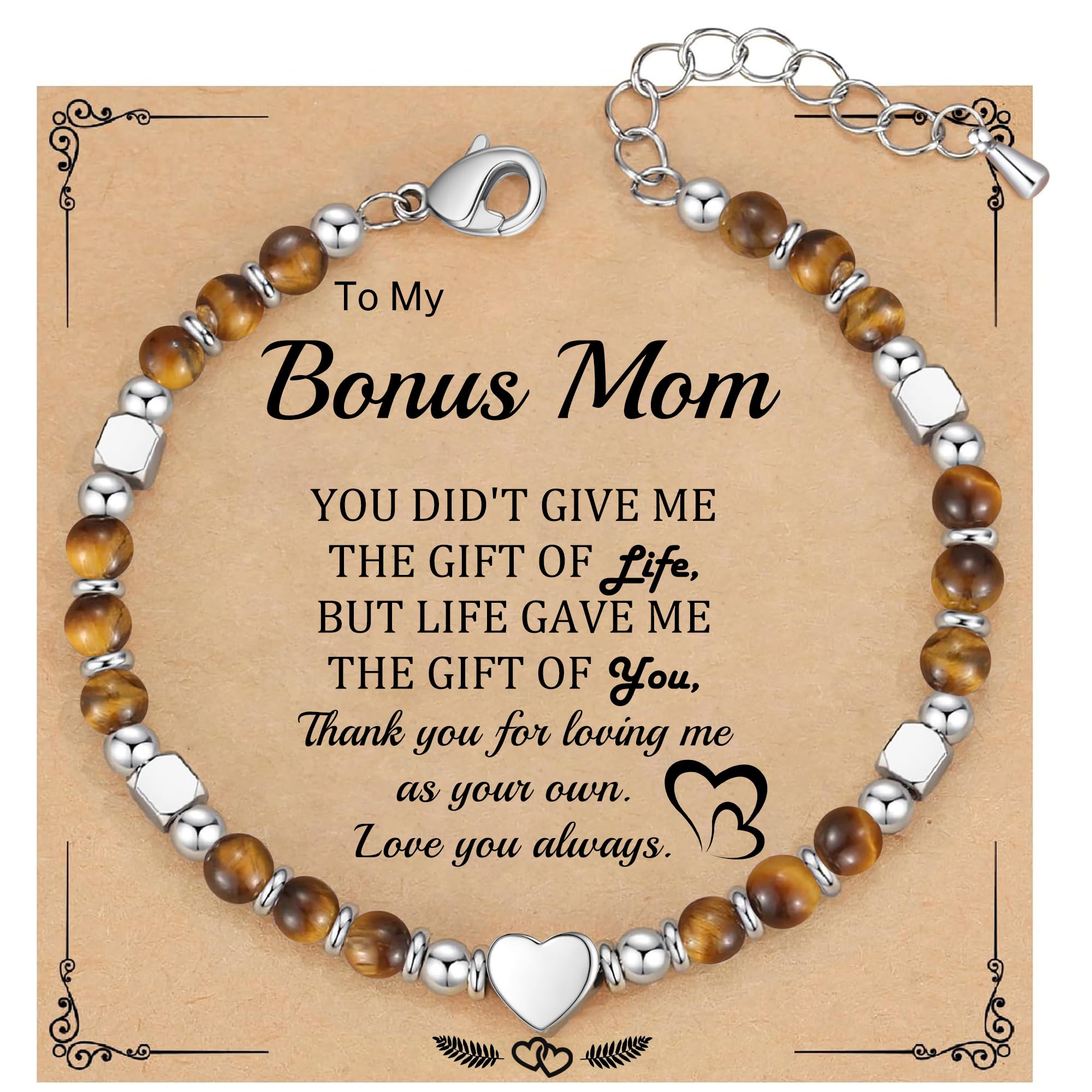 Bonus Mom Gifts from Daughter Son, Nature Stone Beaded Bracelet Bonus Mom Mothers Day Gifts Birthday Jewelry Gift for Women Adoption Moms