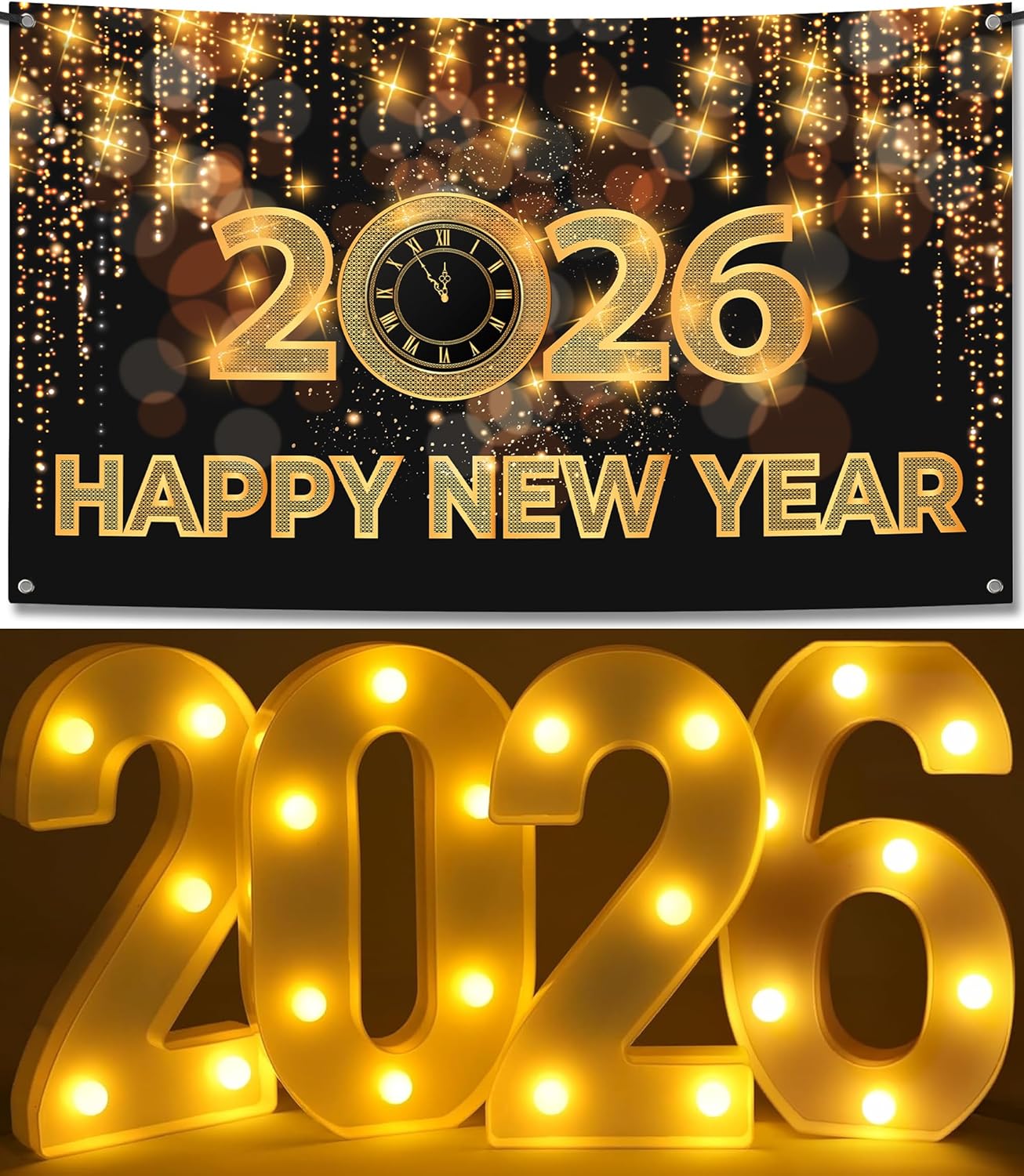 Katchon, Pack of 5, Xtralarge Happy New Year Banner | Happy New Year 2026 Banner | NYE Decorations 2026 with Led Light Up 2026 Sign | 2026 Marquee Numbers for New Years Decorations 2026