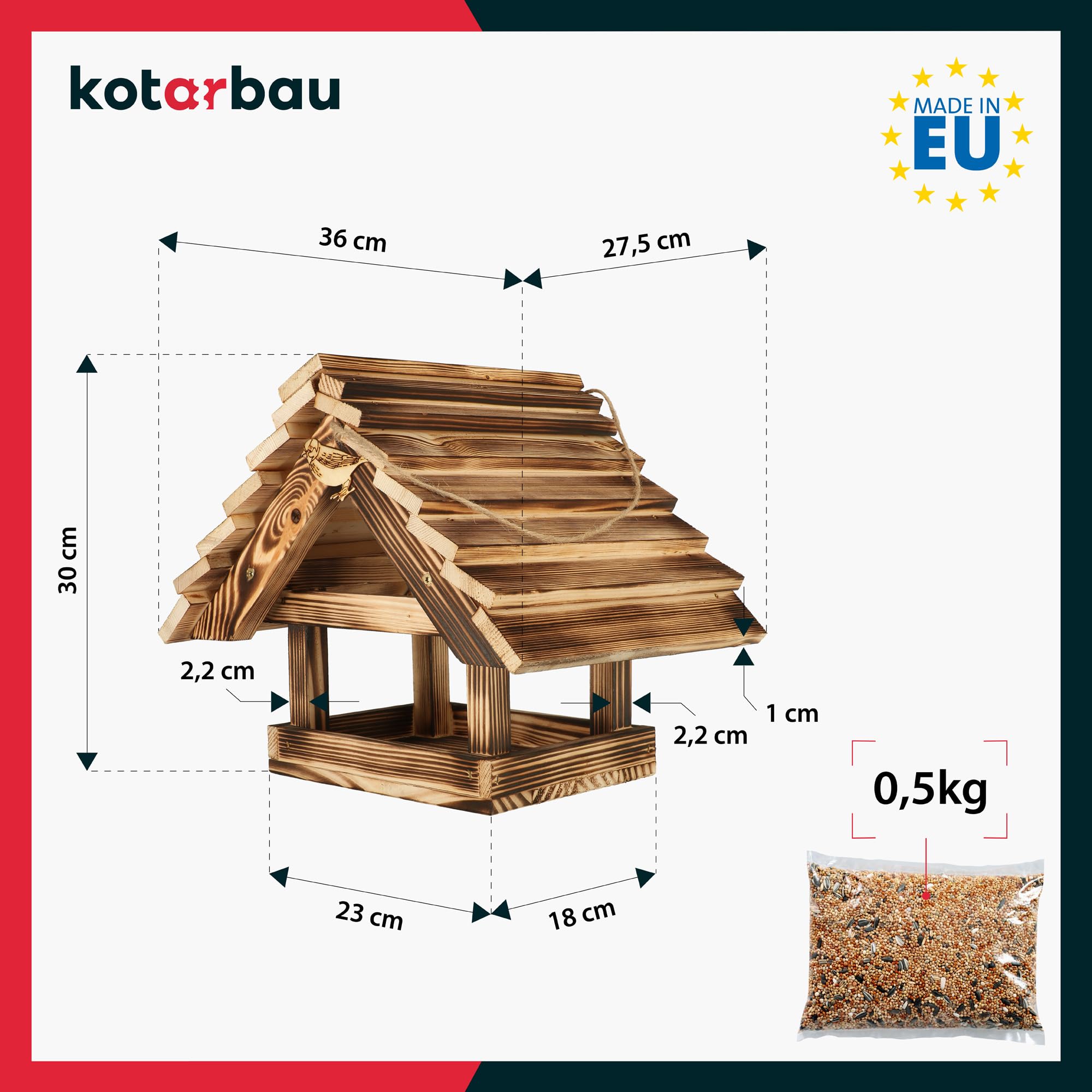 KOTARBAU® Mangiatoia da Esterno in Legno - Casetta Per Uccelli - 36 x 27,5 x 30 cm - Legno Bruciato Chiaro - Mangiatoia Uccelli Selvatici - Da Esterno Con Cibo 0.5 kg