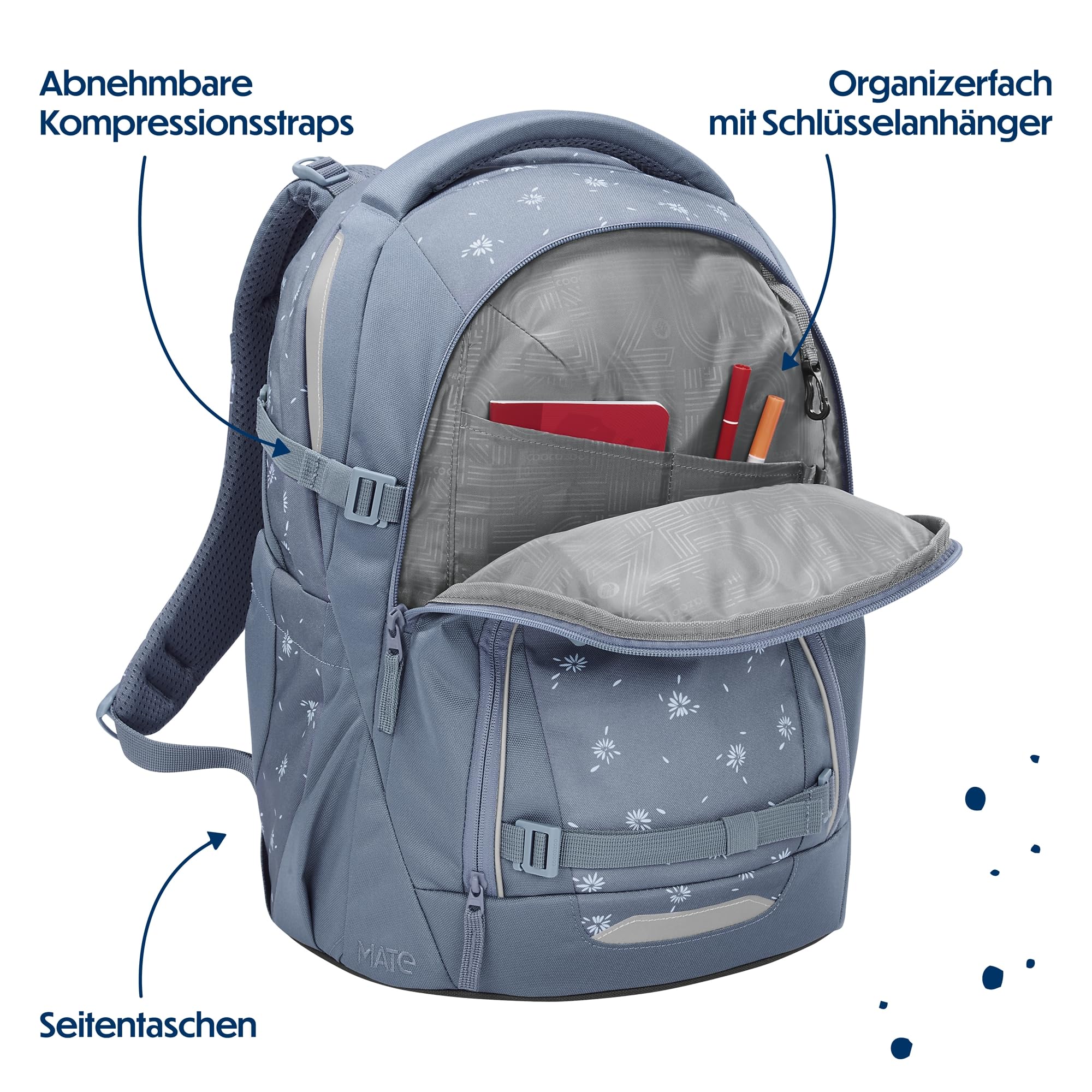 coocazoo Mate Schulrucksack „Bloomy Daisy”, hellgrau, ergonomischer & anpassbarer Tornister, höhen- & größenverstellbar, mit Brustgurt & Hüftgurt, ab der 3. Klasse