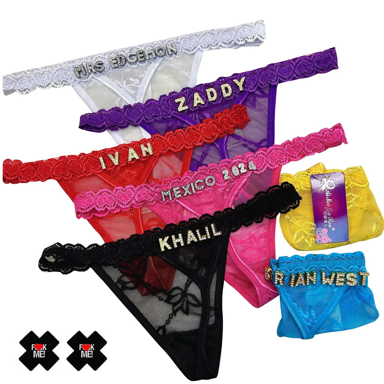Ppetaul Women's Pattern01 Custom Thong - Personalized Thongs With Name Customized Panties For Rhinestone Golden Letters G-String Thongs, One Size