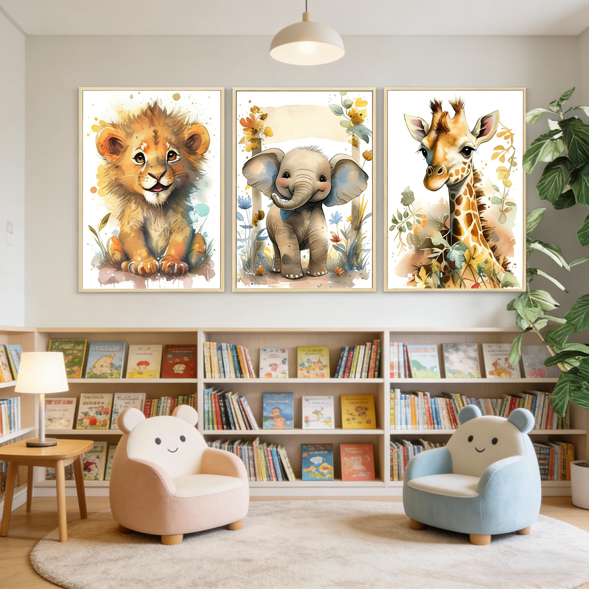 BeiYiHo 3 Affiche Animaux Chambre Bebe Tableau Jungle Chambre Enfant Savane Decoration Murale Garçon Beige 40X50 Poster Elephant Lion Girafe Deco sans Cadre (BYCH074-40x50)