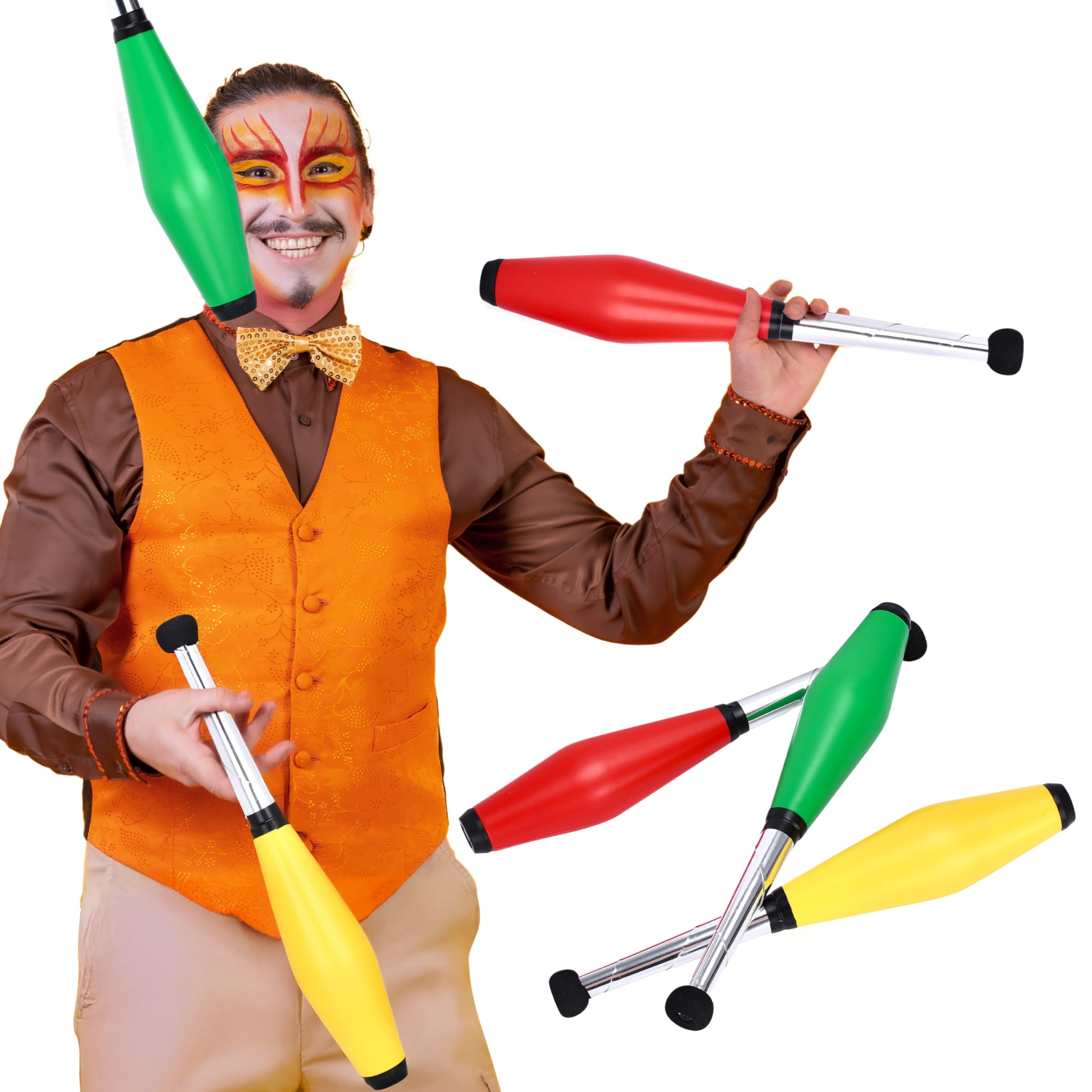 Mister M Juggling Pins - Set of 3 Green, Yellow, and Red Plastic Clubs - 16.5 x 3 Inch Easy to Use Set With Balanced and Lightweight Pins - Durable Kid Toy for Routine