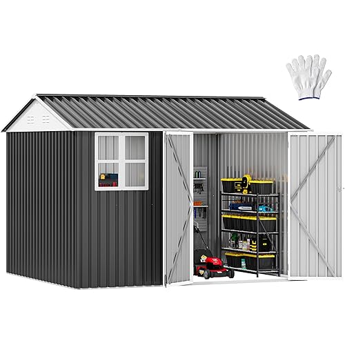 DWVO 10x8ft Large Tool Storage Shed with Window, Lockable Doors, and Sloped Roof, Oversized Steel Outdoor Storage Shed for Garden, Patio, Garage, Backyard, Lawn - Dark Gray