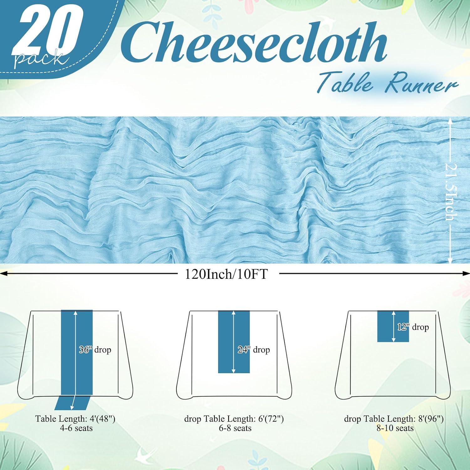 20 Pack Light Blue Cheesecloth Table Runner 10FT Long Boho Gauze Fabric Table Runner Vintage Rustic Sheer Runners for Wedding Party Bridal Baby Shower Table Decorations