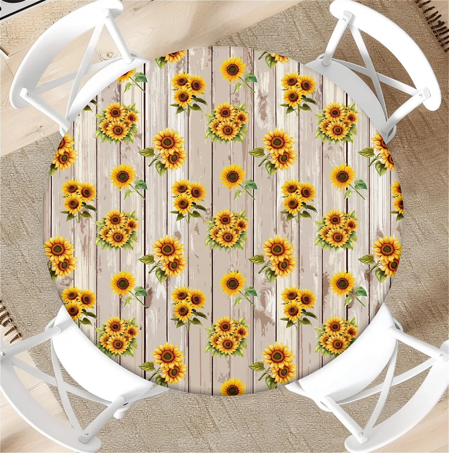 Round Tablecloth with Elastic Edge 60 Inch Waterproof Outdoor Fitted Table Cover for Dining, Kitchen, Party –Sunflowers Decorative Patterned Table Protector