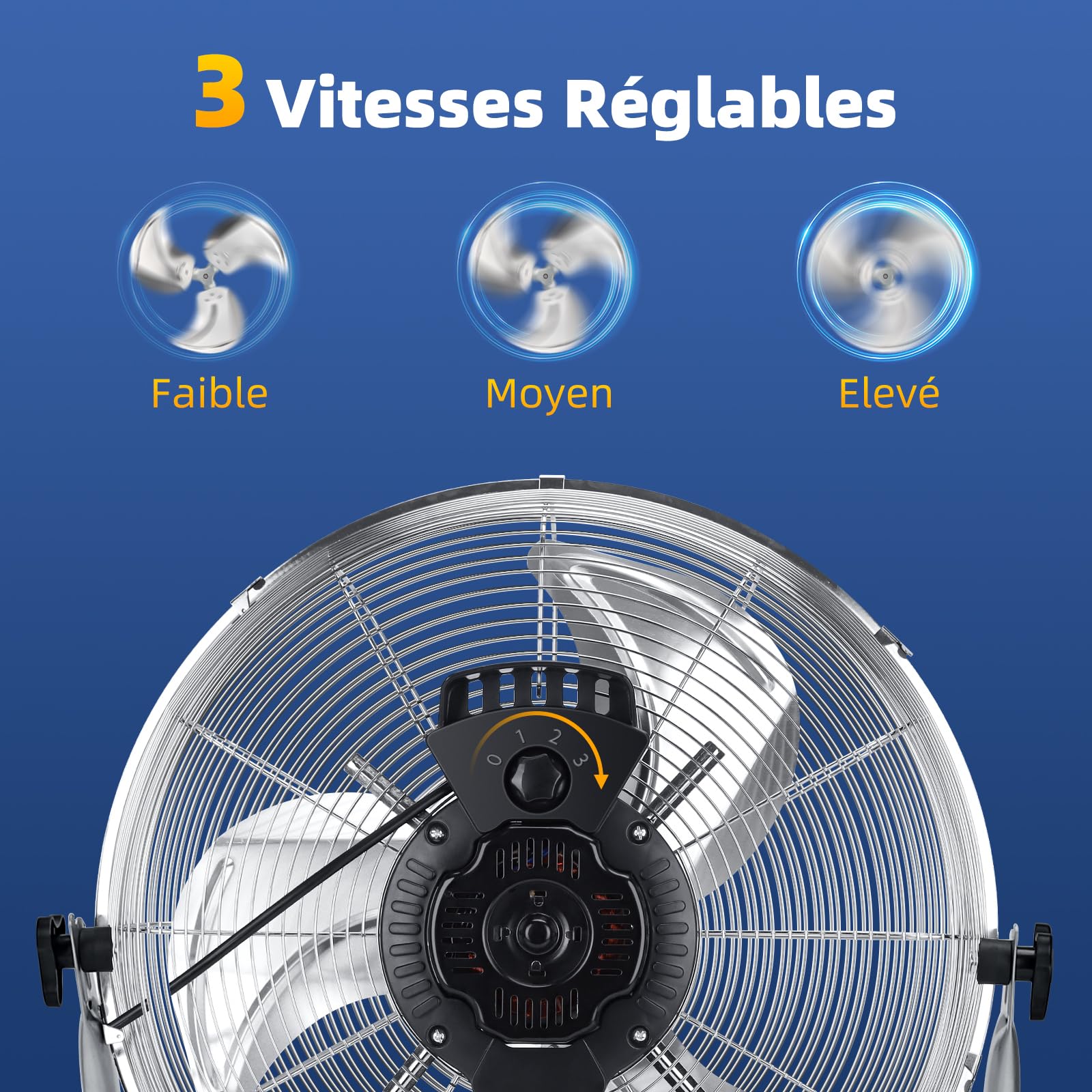 Ventilateur Industriel Sur Pied Aigostar 51cm - 100W Puissant, 3 Vitesses, Oscillation 135°, Pales Métalliques Chromées Design Clover