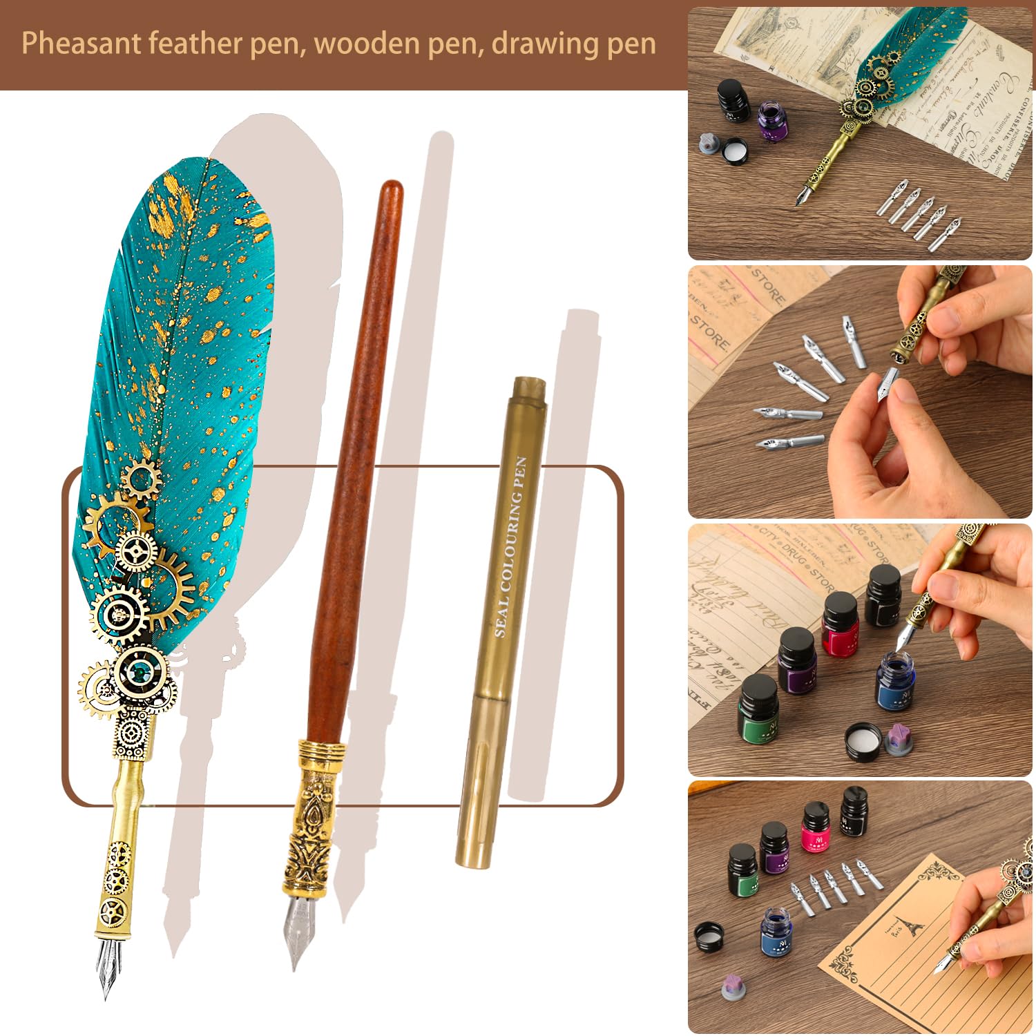 Mechanisches Federstift-Set Mit 17 Spitzen & 6 Tintenfarben – Inkl. Wachssiegel, Briefpapier & Geschenkbox