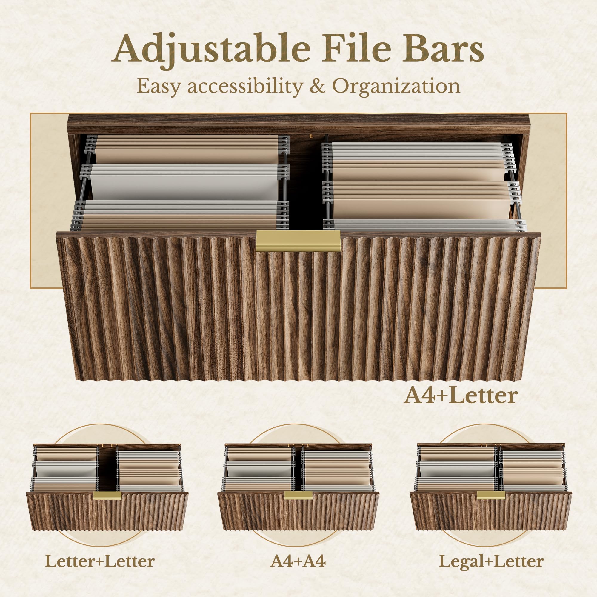 2 Drawer Fluted File Cabinet 32 Lateral File Cabinet for Legal Letter A4 F4 Size Hanging Files Wood — view 4
