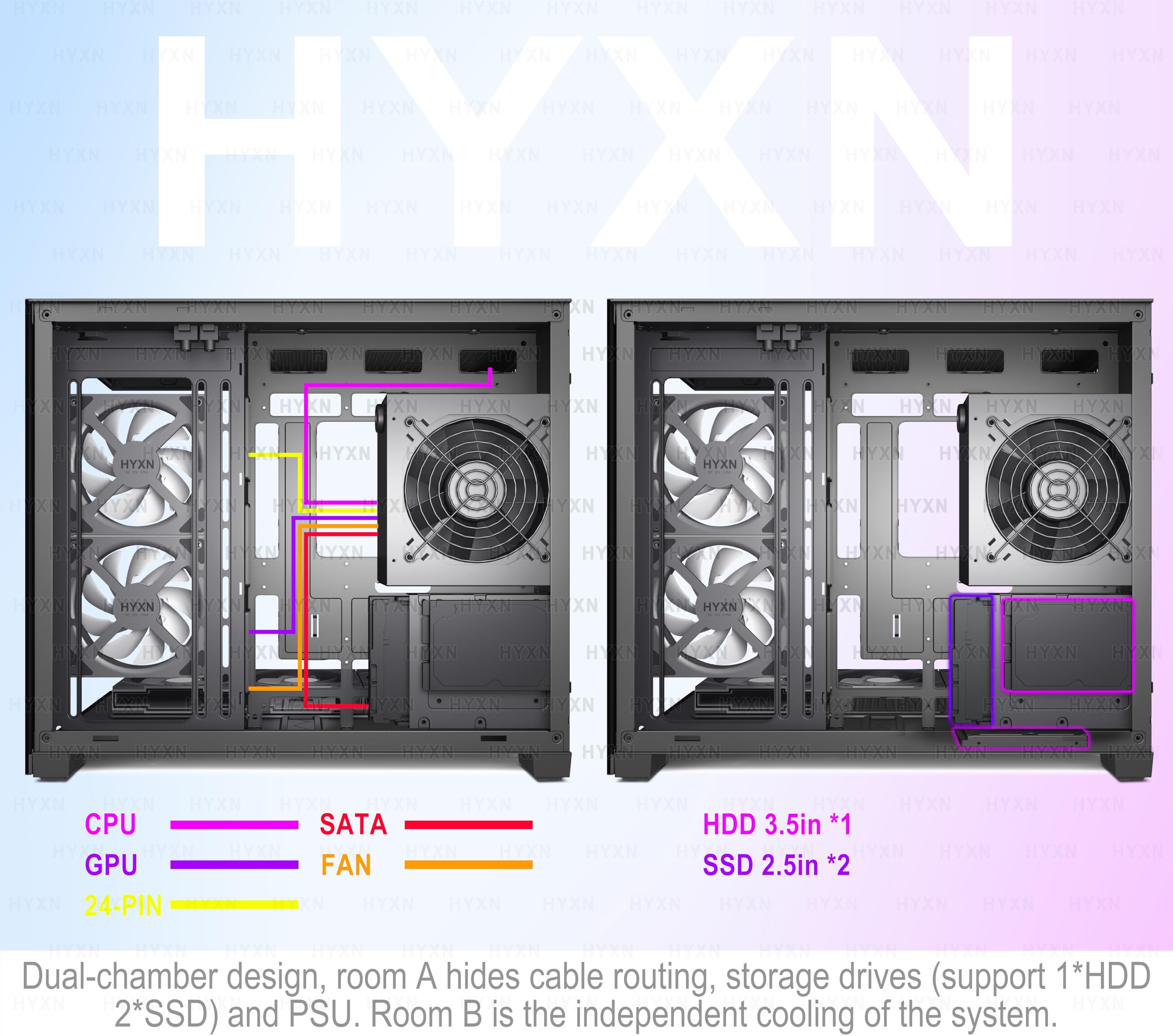 H3(2026) Case PC ATX – Preinstallato con 6 ventole ARGB PWM a specchio infinito,Compatta ATX Dual Camera Mid Tower Gaming PC Case, con Type-C 3.2 (Nero)