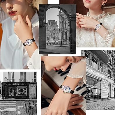 Luxury Women's Watch with Diamond Inlay, Multi-Colored Zircon Accents, Sapphire Glass Face, Genuine Leather Strap - Elegant Women's Wrist Watch