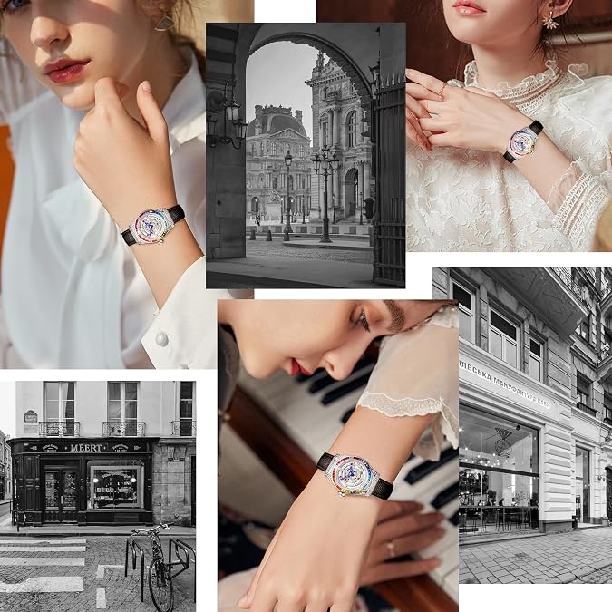 Luxury Women's Watch with Diamond Inlay, Multi-Colored Zircon Accents, Sapphire Glass Face, Genuine Leather Strap - Elegant Women's Wrist Watch