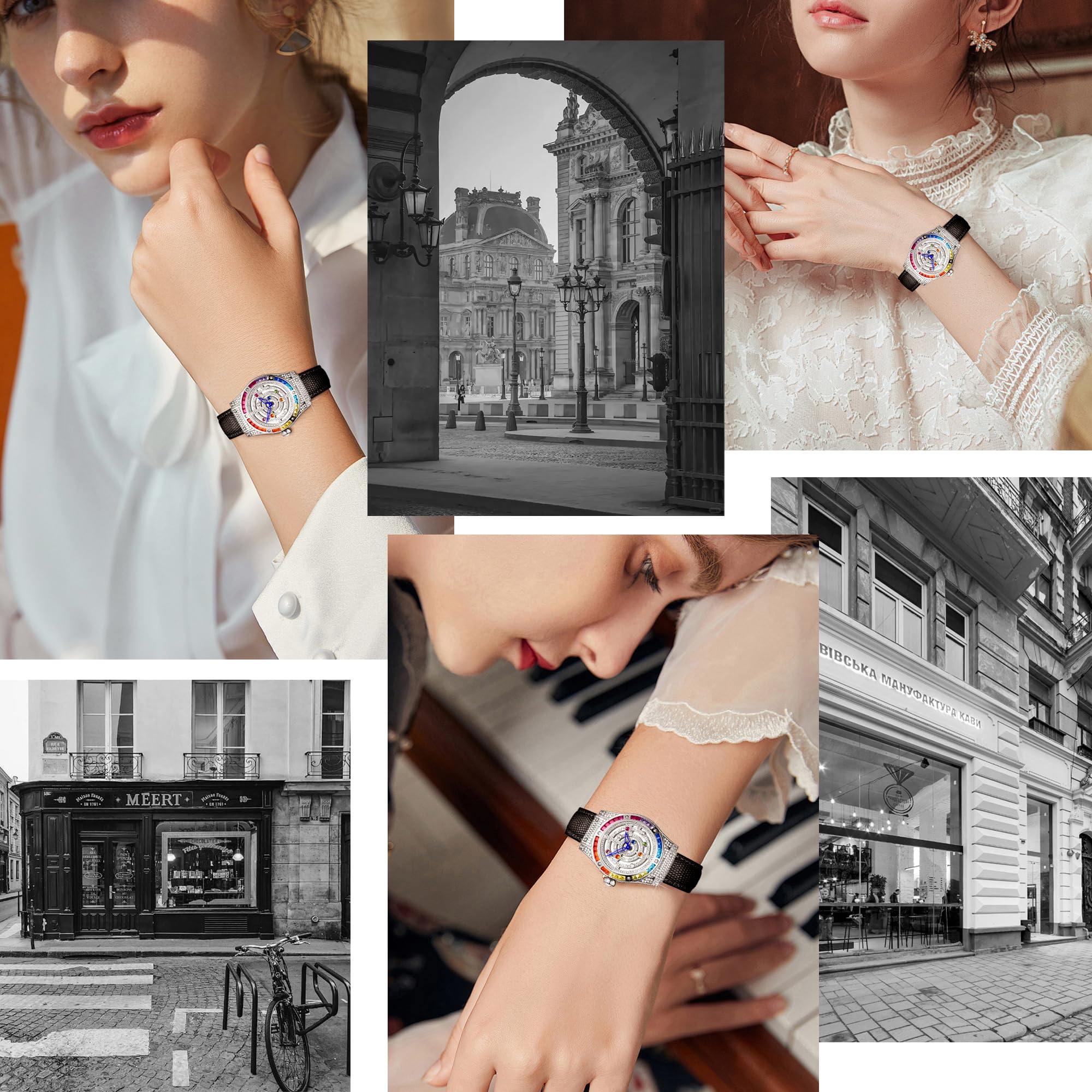 Luxuriöse Damenuhr mit Diamant-Inlay, mehrfarbige Zirkon-Akzente, Saphirglas-Zifferblatt, echtes Lederarmband, elegante Damen-Armbanduhr