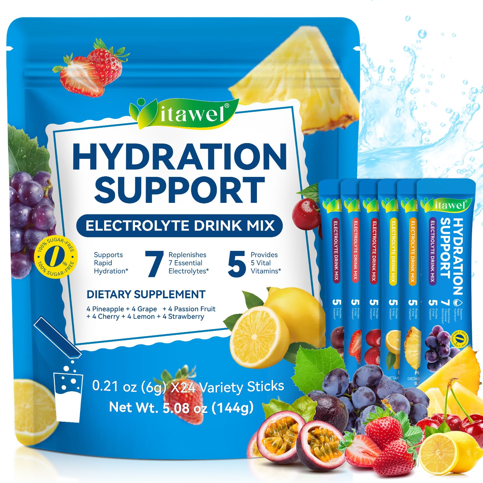 Elektrolyt Pulver Beutel 24PCS, Schnelle Rehydration Elektrolytpulver, Unterstützung Immunfunktion, Darm Augengesundheit, Muskelkomfort, Zuckerfrei, Keto-freundlich, Vegan, 6 Aromen