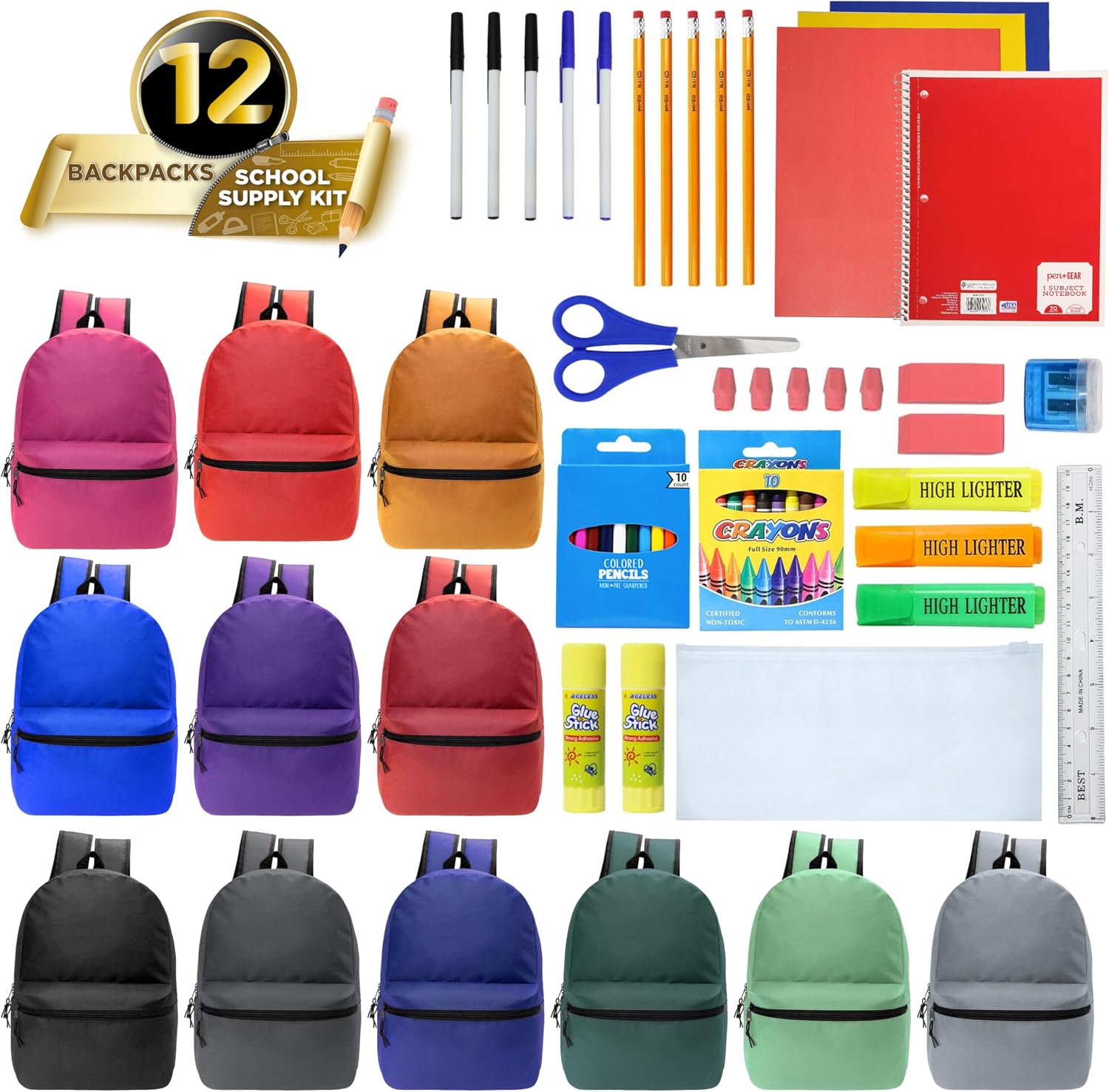 Moda West 17 Inch Bulk Backpacks with 50 Piece School Supplies Kits - Pens, Pencils, Crayons - Case of 12 Wholesale Backpacks in 12 Assorted Colors