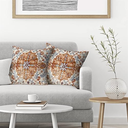 Miniatura 3 de Juego de 2 fundas de almohada bohemias de 20 x 20 pulgadas, fundas de cojín con patrón de alfombra, color amarillo mostaza y azul, diseño étnico,