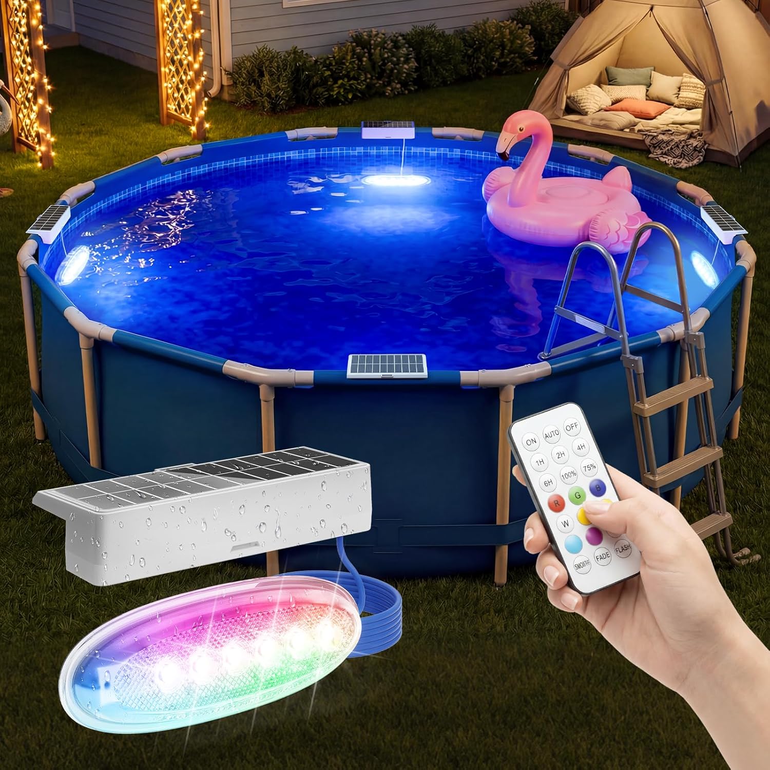 APONUO 4 Pack Solar Pool Lights, Pool Solar Lights for Above Ground Pools with Remote, IP68 Waterproof, RGB Color Changing Solar Powered Pools Light for Pond, Fountain,Yard (Gray)