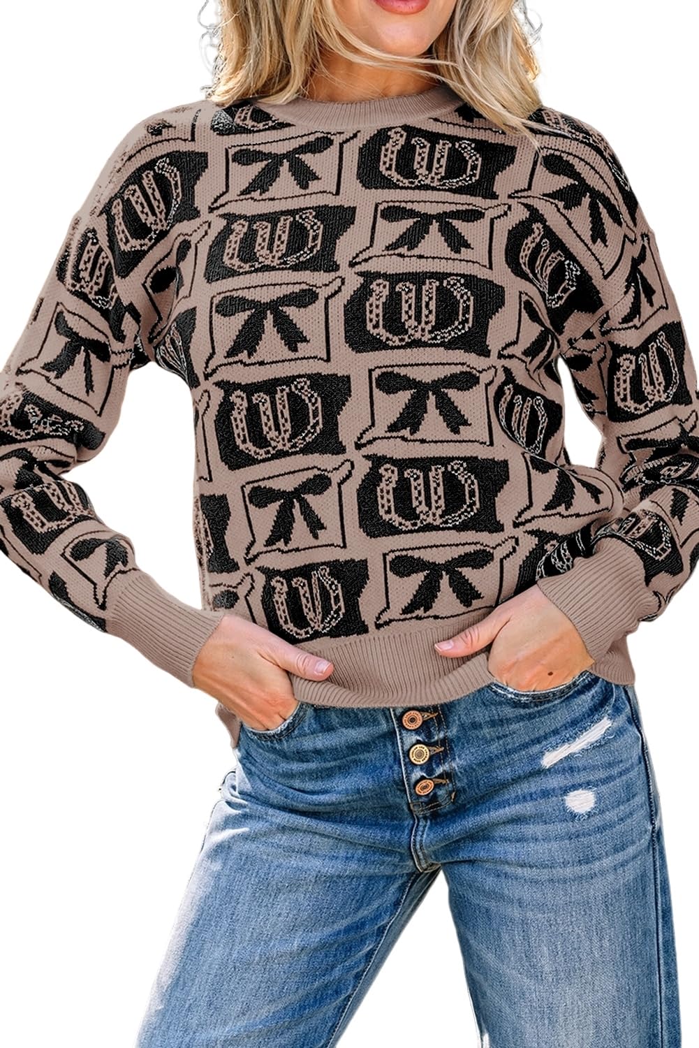 LALAGEN Womens Sweater Brown Bows Horseshoes Pattern Western Fashion Print Sweater Pullover