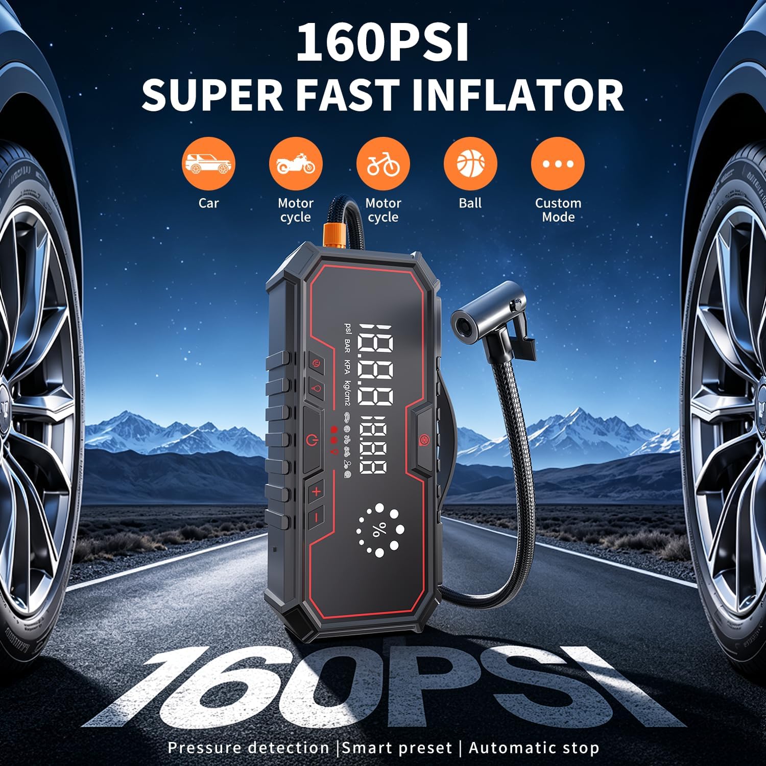 Jump Starter with air Compressor, 5000A Emergency Starter Jump Box (Gas 9L/Diesel 8L), Jumper Cable Jump Starter Portable with air Compressor 160PSI, car Roadside Emergency kit, SOS Light thumbnail