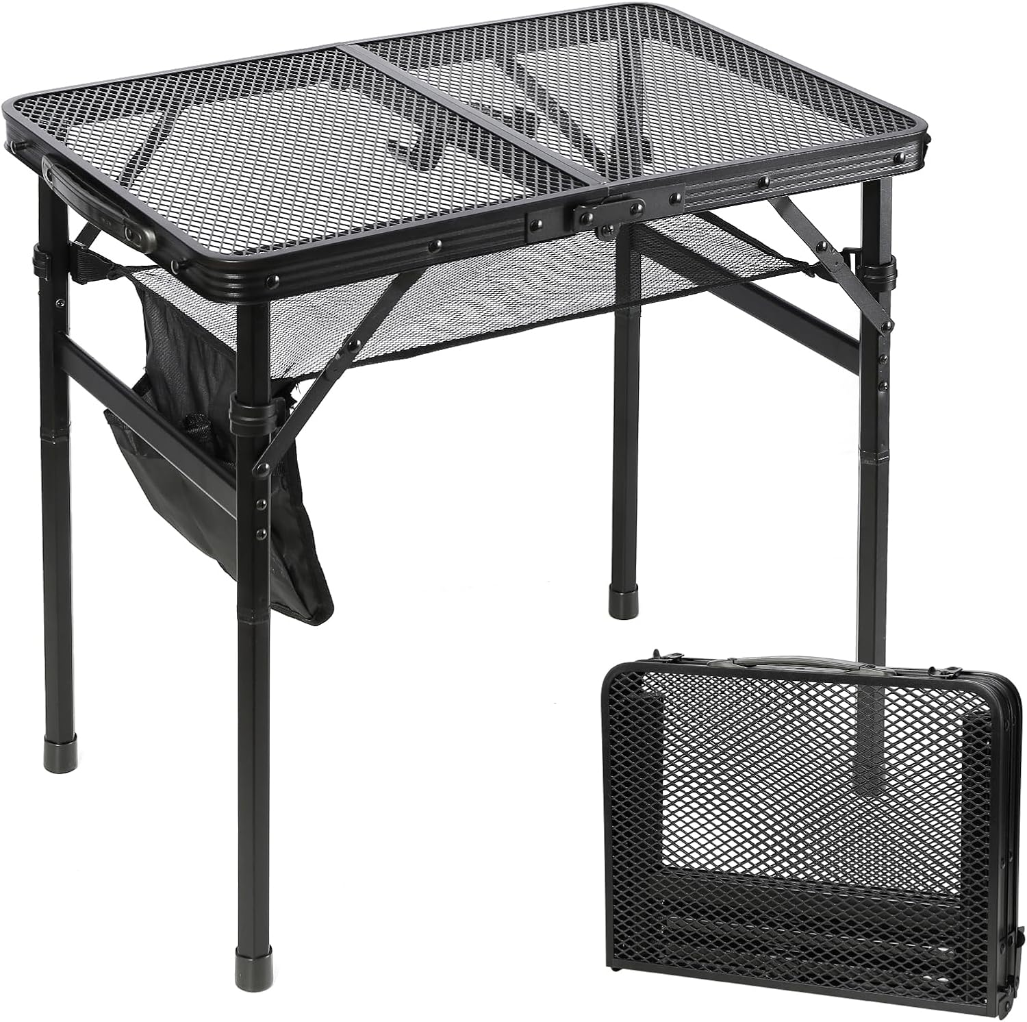 Large Folding Camping Table - Metal Mesh Grill Table with 2 Wing Panels | 2 Adjustable Heights | Large Picnic & Outdoor Table | Expandable Shelves, Lightweight (4.4 FT, Black)