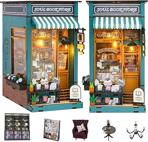 Miniatura 25 de Flever Kit miniatura de rincón de libro para casa de muñecas, decoración de estantería de libros de casa de muñecas para bricolaje, rompecabezas