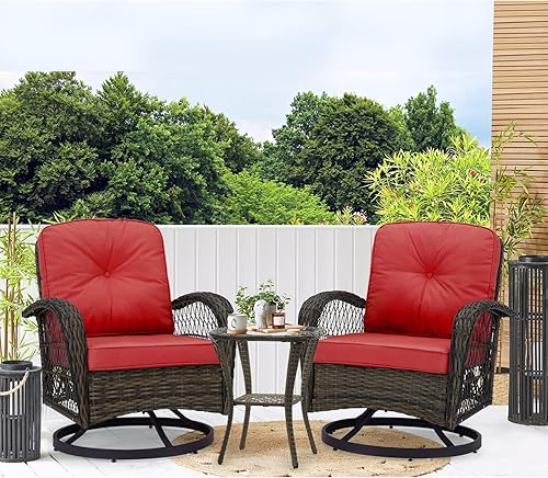 Miniatura 8 de EROMMY Juego de 3 sillas giratorias de patio para exteriores, juego de conversación de patio mecedora de 360 grados con cojines gruesos y mesa de
