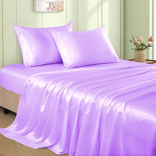 Juego de sábanas de satén de color lavanda de 4 piezas, tamaño King, juego de sábanas de satén sedoso de 15 pulgadas de profundidad, juego de ropa