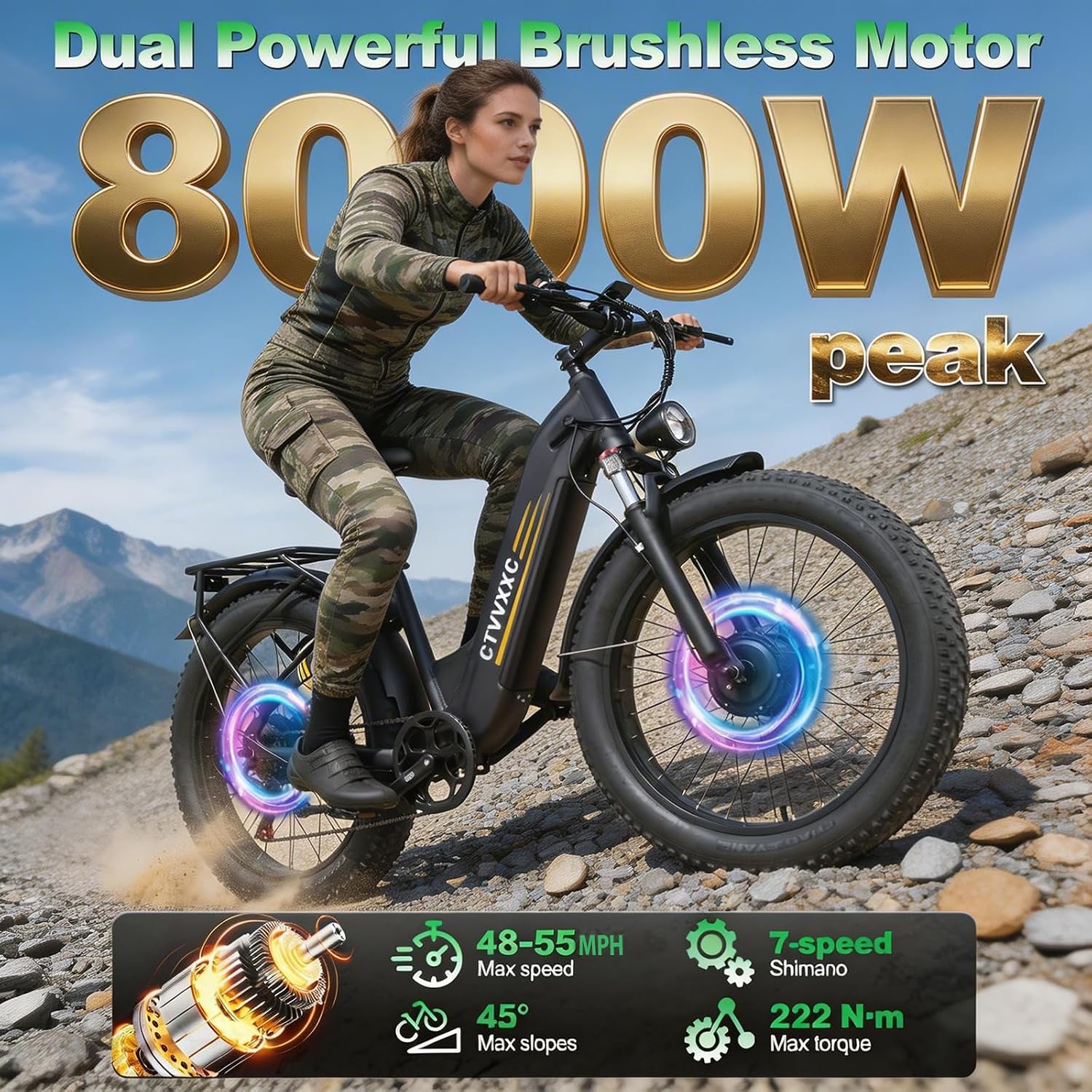 8000W Peak Power Dual Motor Ebike for Adults, 52V 26Ah Fast Electric Bike for Men, 55Mph, 7-Speed 26" Mountain Ebike, Up to 98 Miles, E-Bike for Snow Off-Road Commuting Electric Bicycle