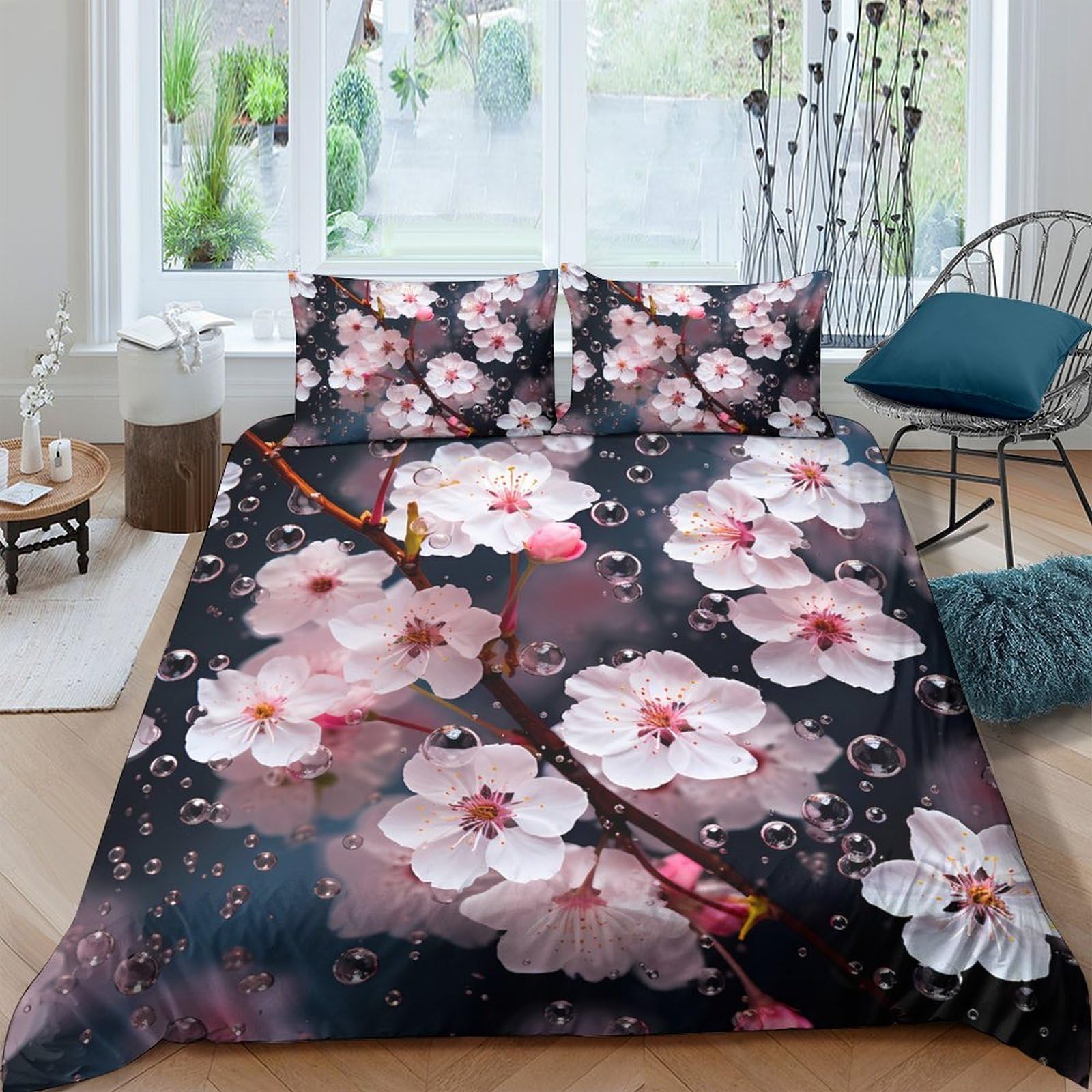 Ctjqhvkz Style-8 3D Printed Cherry Blossom Fitted Sheet Microfiber Soft Pink Floral Bed Cover For Bedroom Guest Room Dorm Decor Single（135X200cm）