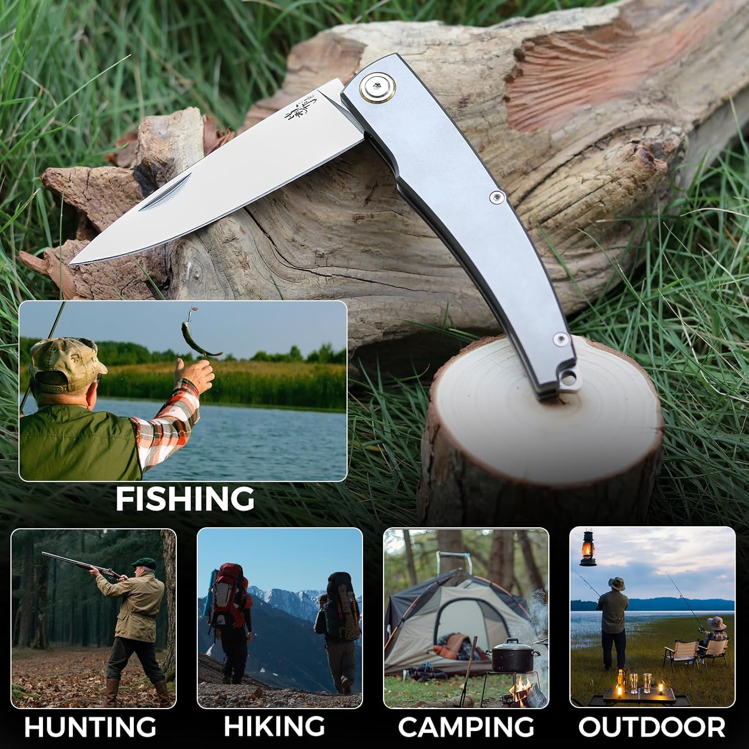 EDC Pocket Knife with Leather Sheath, 3.5" Vanax SC Blade Folding Hunting Knife with Titanium Alloy Handle, Multiple Survival Tactical Knives for Outdoor Camping Fishing, ideal Gifts for Him