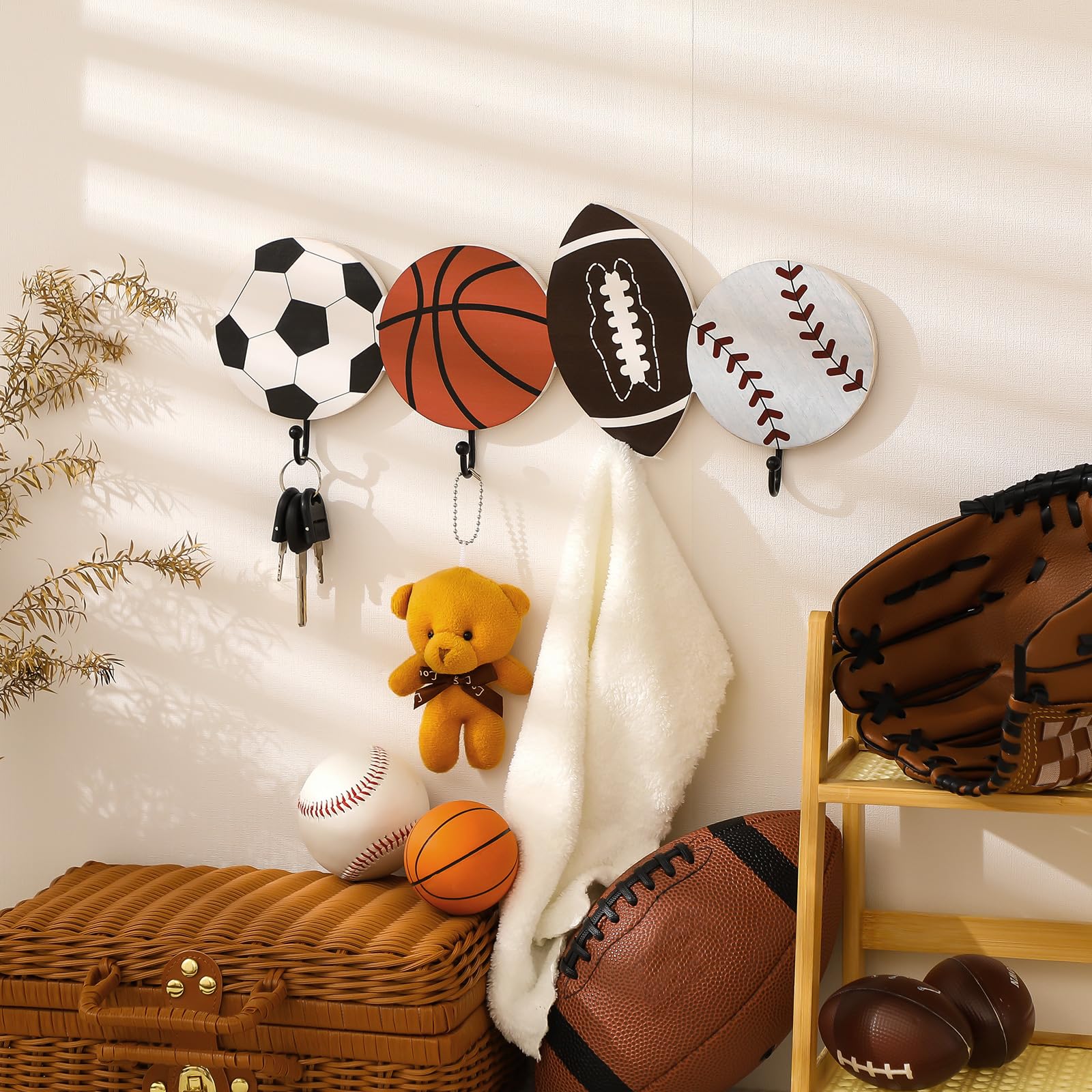 Marsui Baseball Football Soccer Basketball Wall Hooks Sports Fan Themed Coat Hook Towel Hanger Storage Wood Metal Hooks Wall Mounted with Screws for Decor, Key, Towel, Bags, Cup, Hat