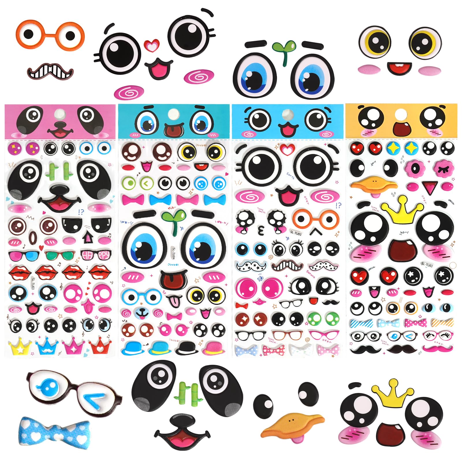 Jactales Puffy Googly Eyes Stickers for Kids Crafts,Sticky Foam Eyeball Stickers,Wiggle Eye Stickers with Mouth Nose - Self Adhesive, Assorted Sizes: Small and Large,Easy Peel and Stick on,4 Sheets