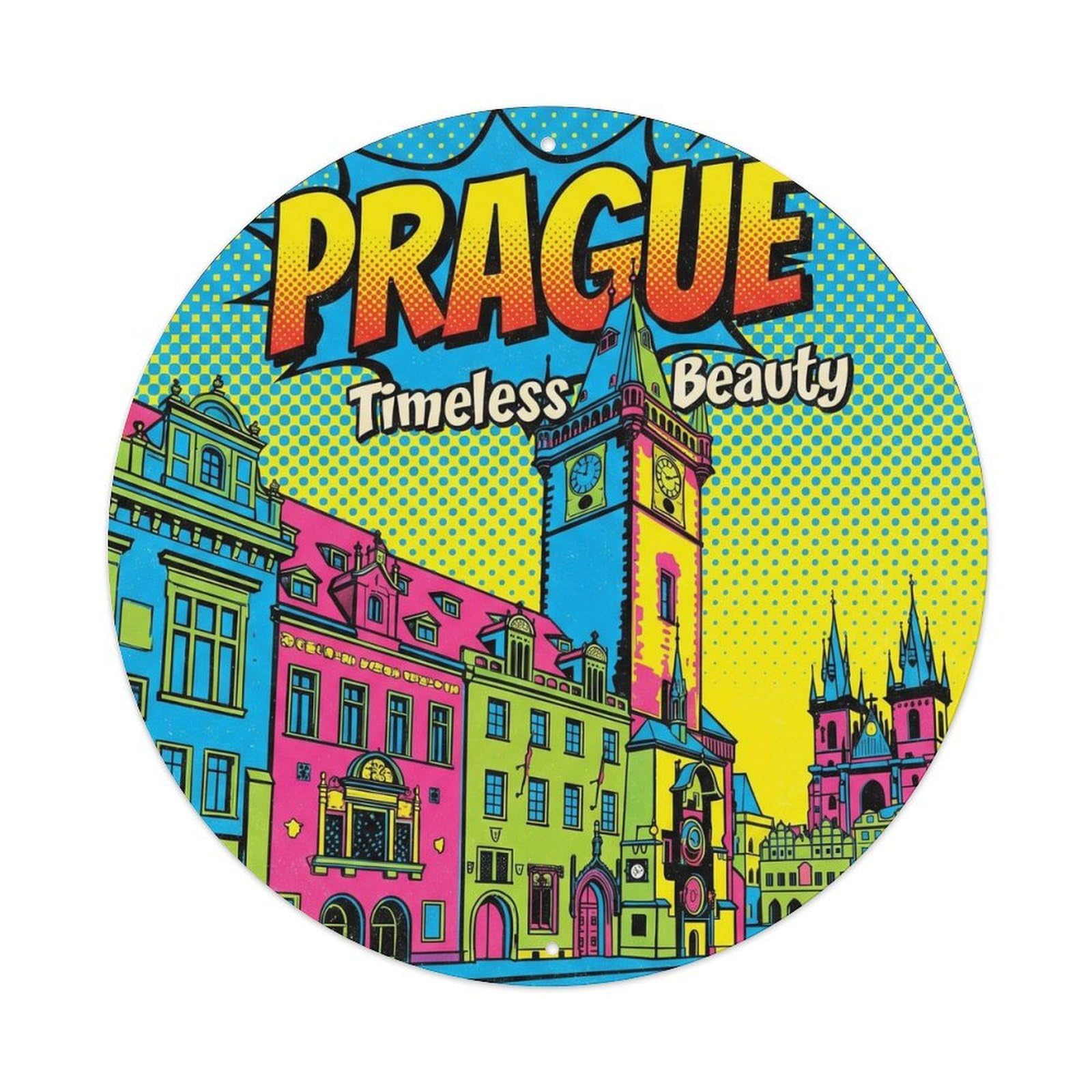 Prague Square Czech Retro Travel Old Town Cityscape Heritage Metal Tin Sign Plaque Wall Decor for Cafe, Man Cave, Club Bar, Office, Home Garden Round Metal Poster 8x8Inch