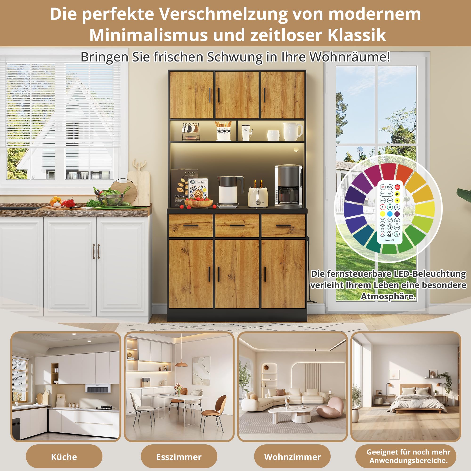 Buffet multifonction 100 x 40 x 180 cm avec éclairage LED, télécommande, prise et ports USB, étagères et tiroirs réglables, idéal pour les cuisines et les salles à manger, noir + naturel A