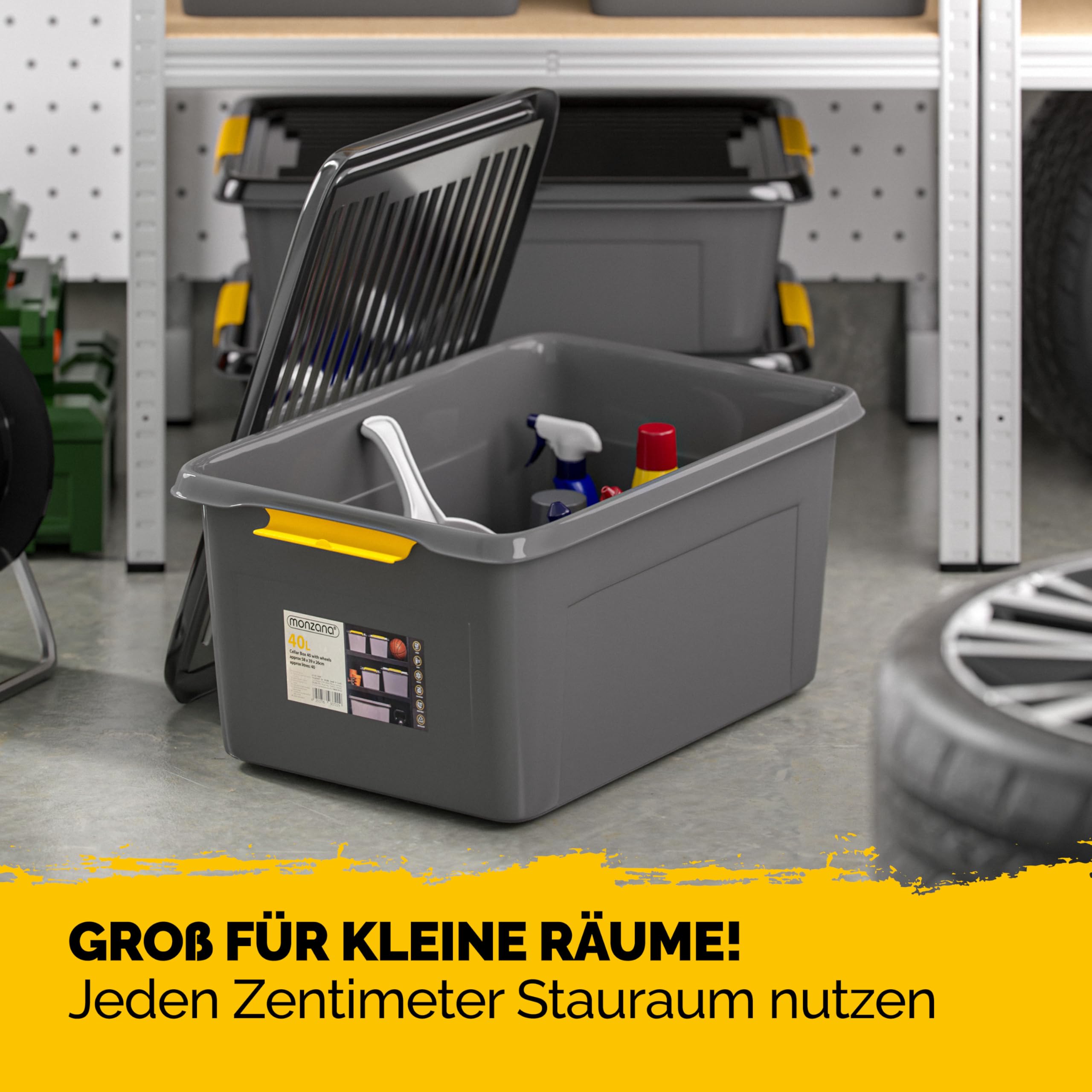 Monzana® 6x Aufbewahrungsbox 40L mit Deckel 40kg belastbar Kunststoff BPA frei Klickverschluss stabil flexibel stapelbar blickdicht Keller Garage Box