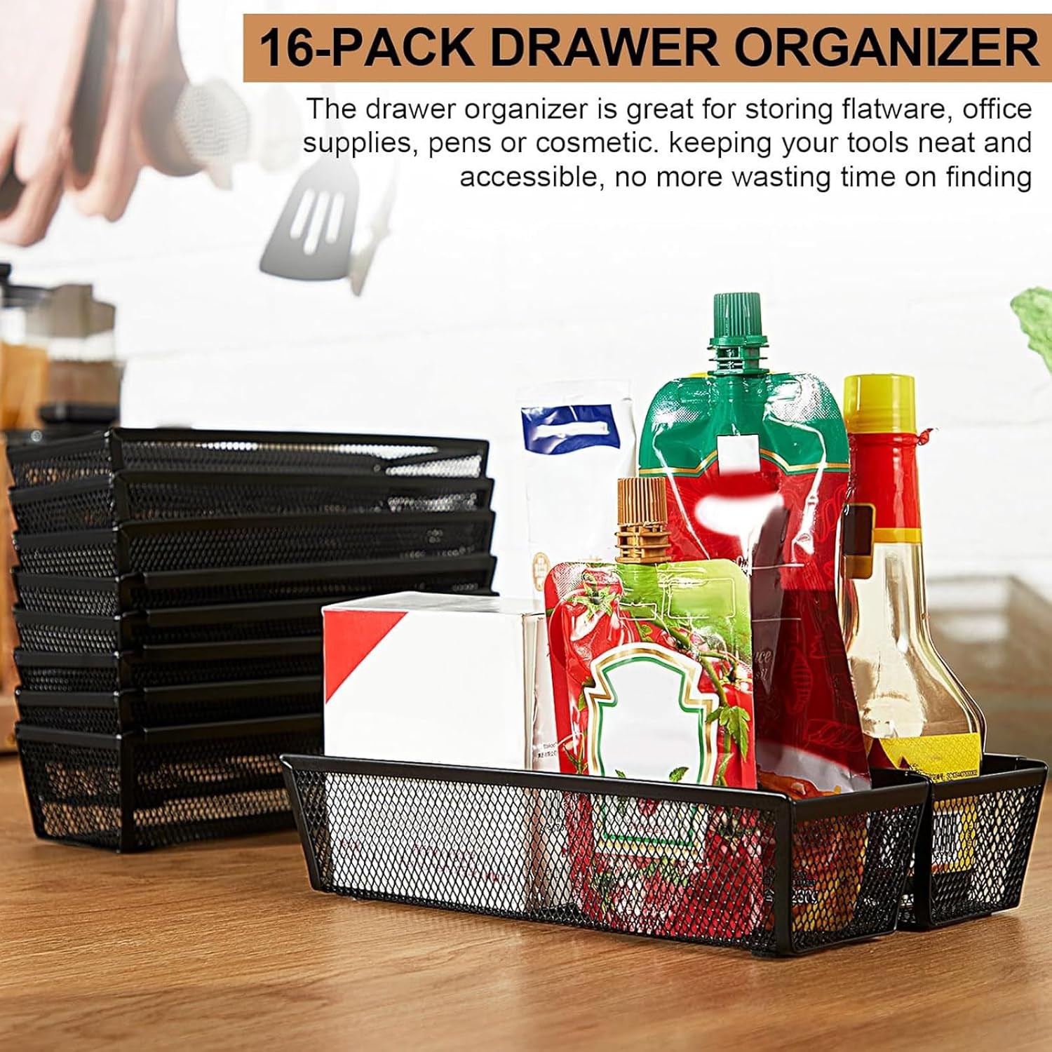 Chumia 16 Pack Silverware Drawer Organizer 9 x 3 x 2 Inch Mesh Utensil Organizer for Kitchen Drawers with Interlocking Arm for Flatware Knives Spoons Fork Cosmetic Utensil Tabletop Storage Tray