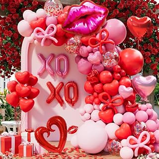 Pink and Red Balloon Garland Arch Kit, Coquette Birthday Decorations with 570pcs Red Pink Heart Confetti Balloons, Heart Lip XOXO Star Foil Balloons, Rose Petals for Wedding Romantic Decorations