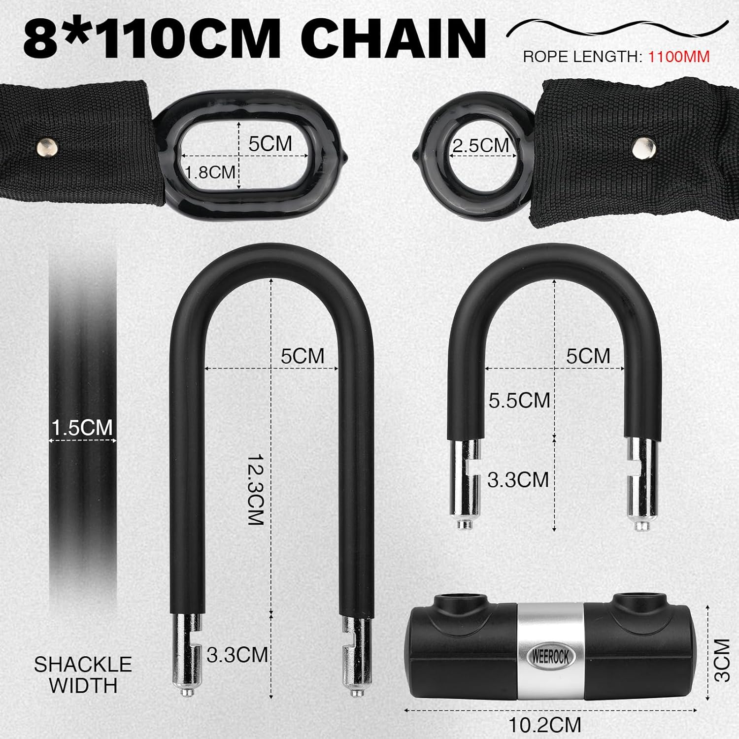 WEEROCK Bike Chain Lock Heavy Duty 4.85 lbs with 2 Keys, 3.77 ft Anti-Theft Motorcycle U Lock with 8MM Thick Dual U-Shackles (One Lock Body), Multi-Purpose for Bicycle, Motorcycles, Gate