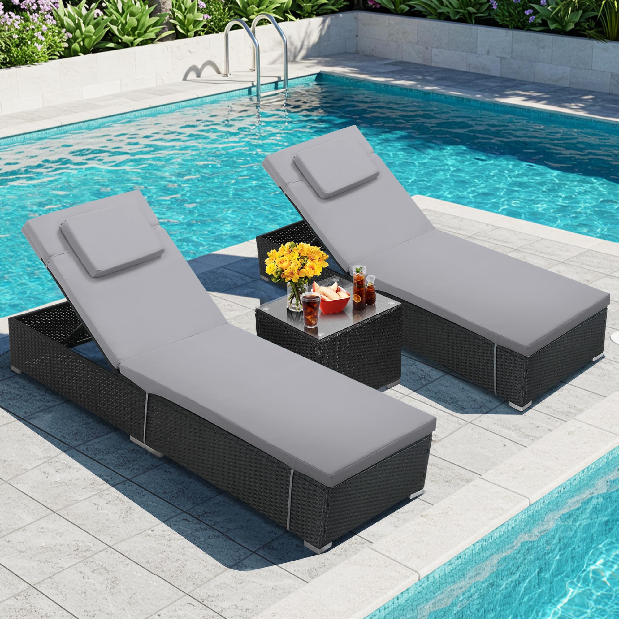 Murago Outdoor Chaise Lounge Chairs, All-Weather Wicker Pool Lounge Chair Set of 2 with Side Table, Adjustable Backrest & Washable Cushions for Patio,