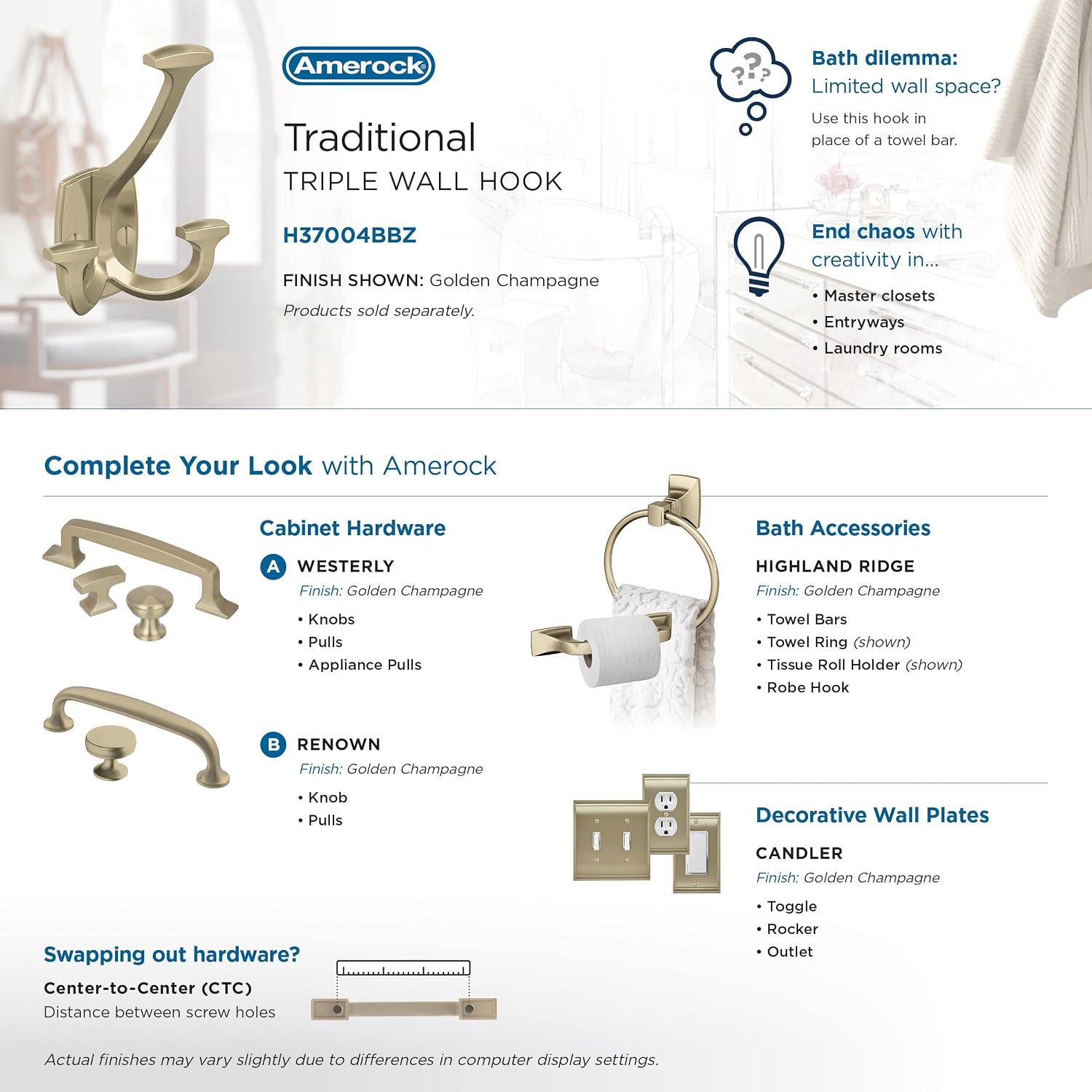 Amerock H37004BBZ | Vicinity Triple Prong Decorative Wall Hook | 4-9/16 inch (116 mm) Length | Golden Champagne Hook for Coats, Hats, Bags | Hooks for Bathroom, Bedroom, Closet, Laundry Room, Office
