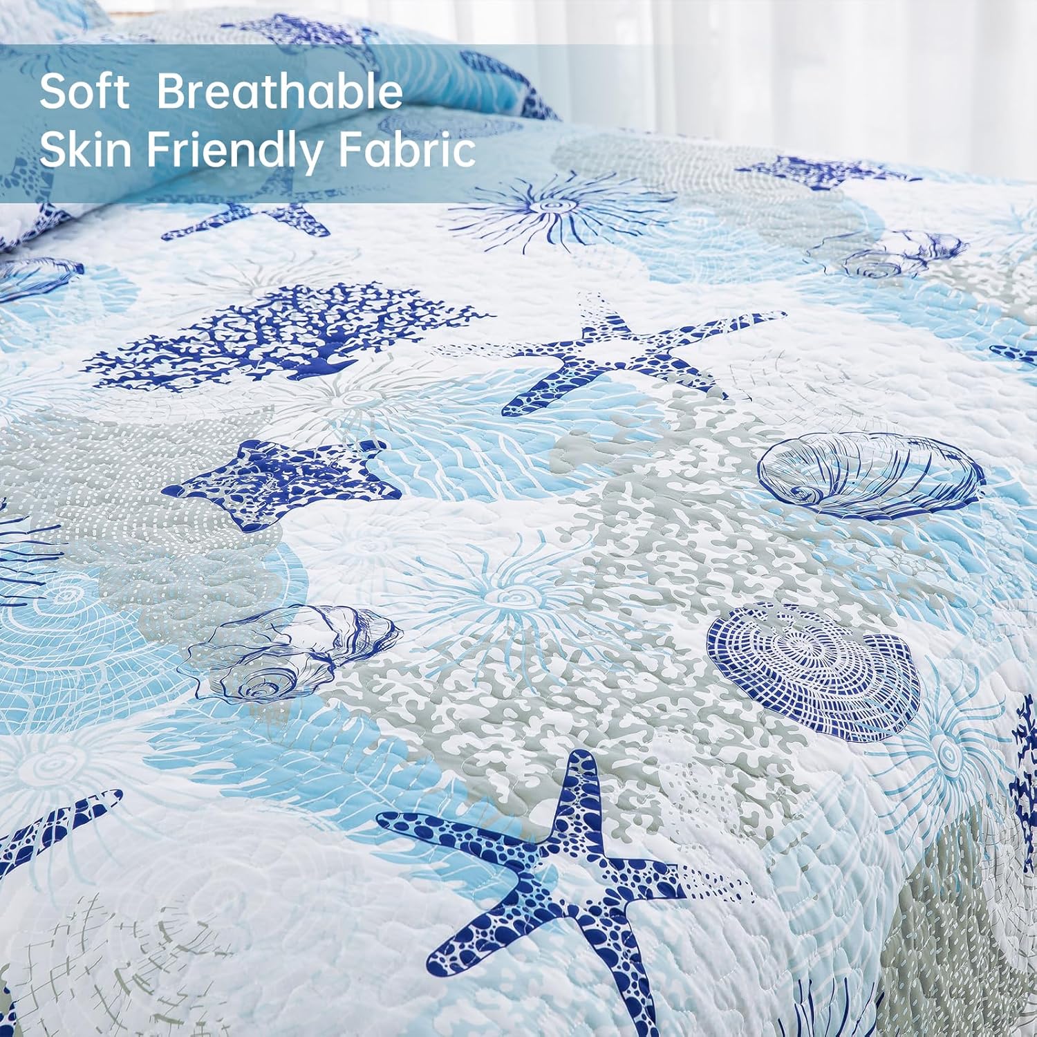 Dinjoy Coastal Quilt Set King Size, Blue Ocean Beach Themed Bedding Set Coral Seashell Conch Starfish Pattern Microfiber Lightweight Summer Bedspread Coverlet Bed Set All Season (104x90 Inch)
