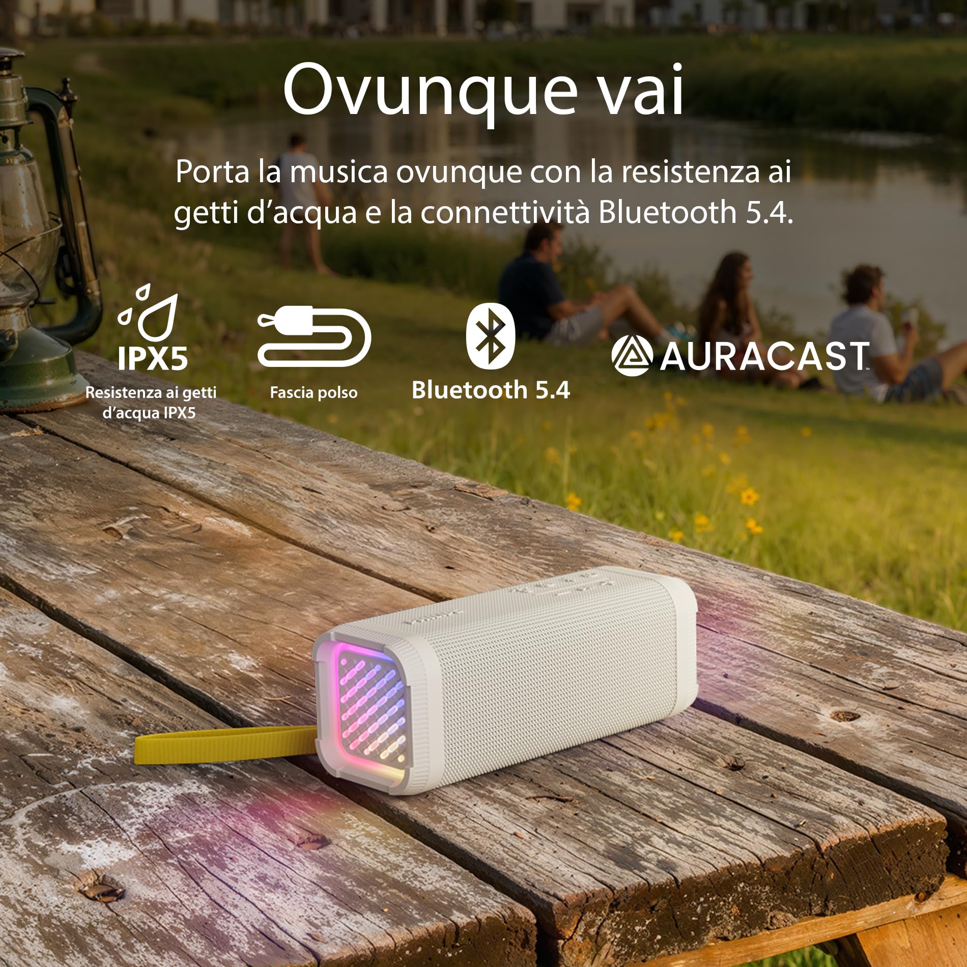 Philips TAS2000W Altoparlante wireless Bluetooth con spettacolo di luci LED, 20 W Bass+, Auracast, 20H di riproduzione, Impermeabilità IPX5, Riproduzione USB, Microfono, Controllo app – Bianco