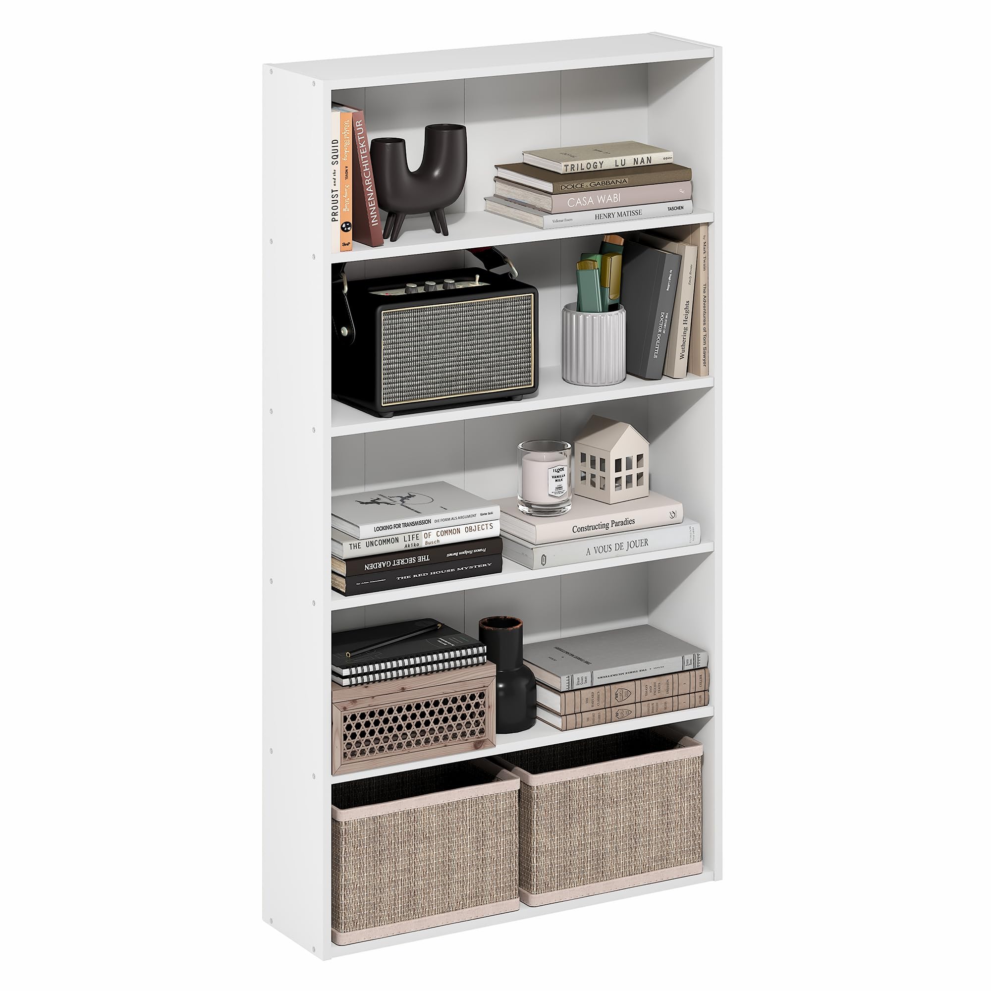 Furinno Basic Book Shelf, 5-Tier Bookshelf, Storage Organizer Bookcase with Open Shelf, 7 x 24 x 44, for Living Room, Bedroom, Home Office, White